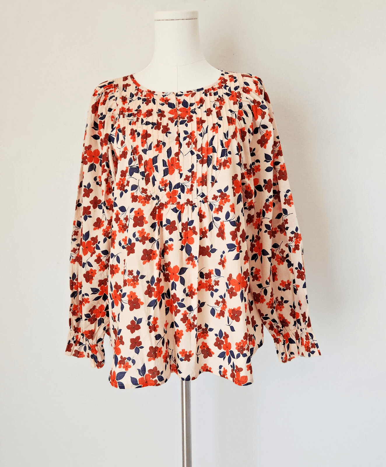 Elizabeth and James Floral Pintuck Popover Blouse Puff-Sleeve Cotton Oversize S