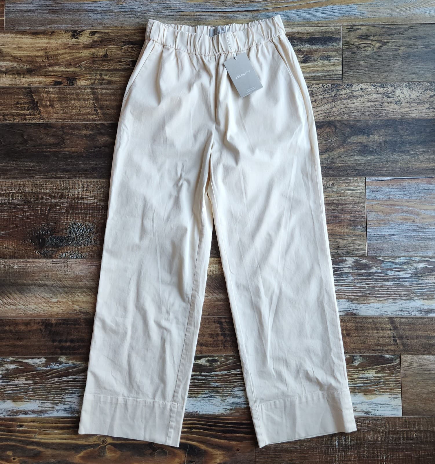 NWT EVERLANE Organic Cotton The Easy Pant Pocket Elastic Waist Canvas Beige Sz.6