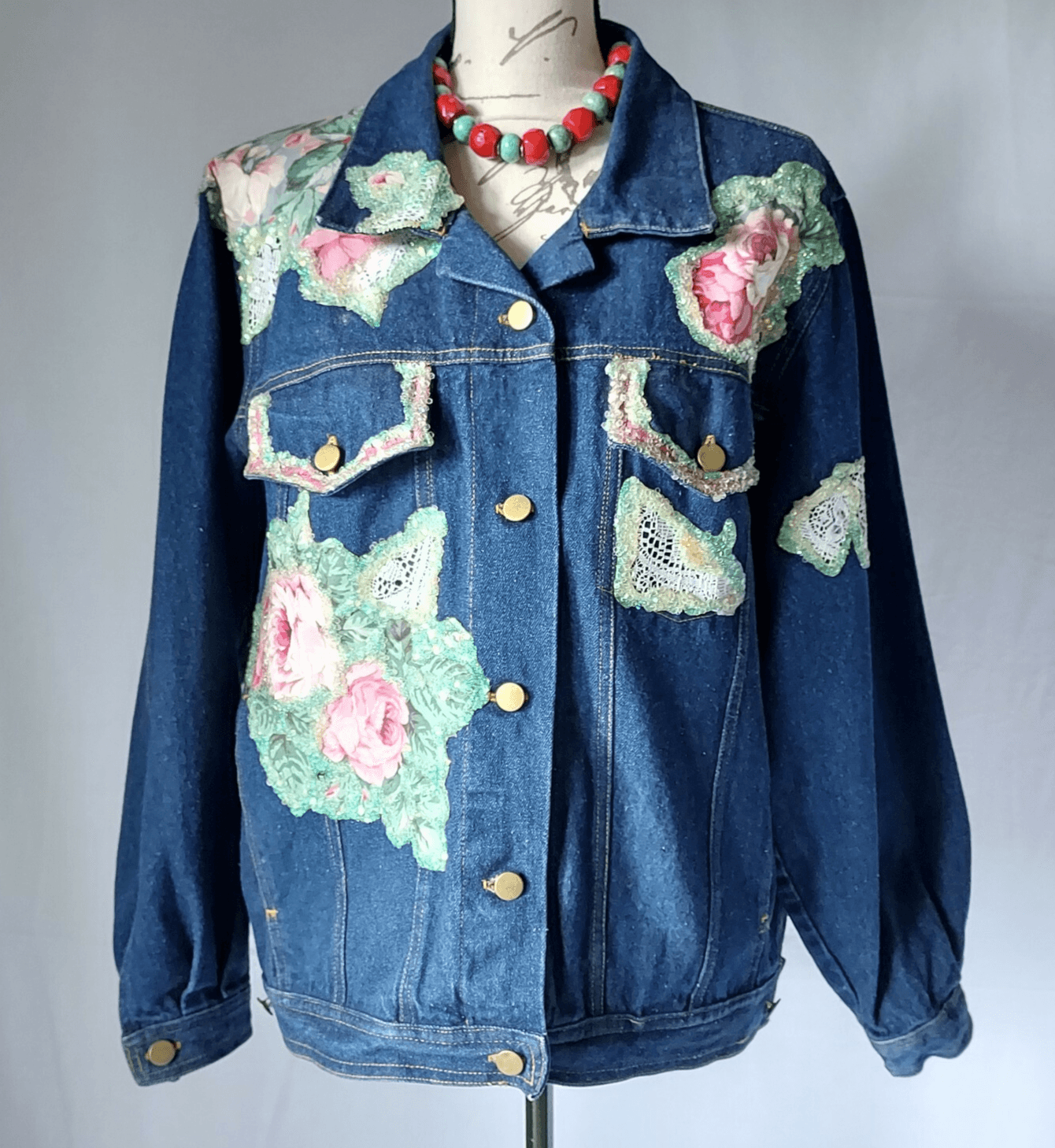 Vintage COACH in Four Seasons ฺBlue Denim Jacket Floral Glitter Embellished Sz.M