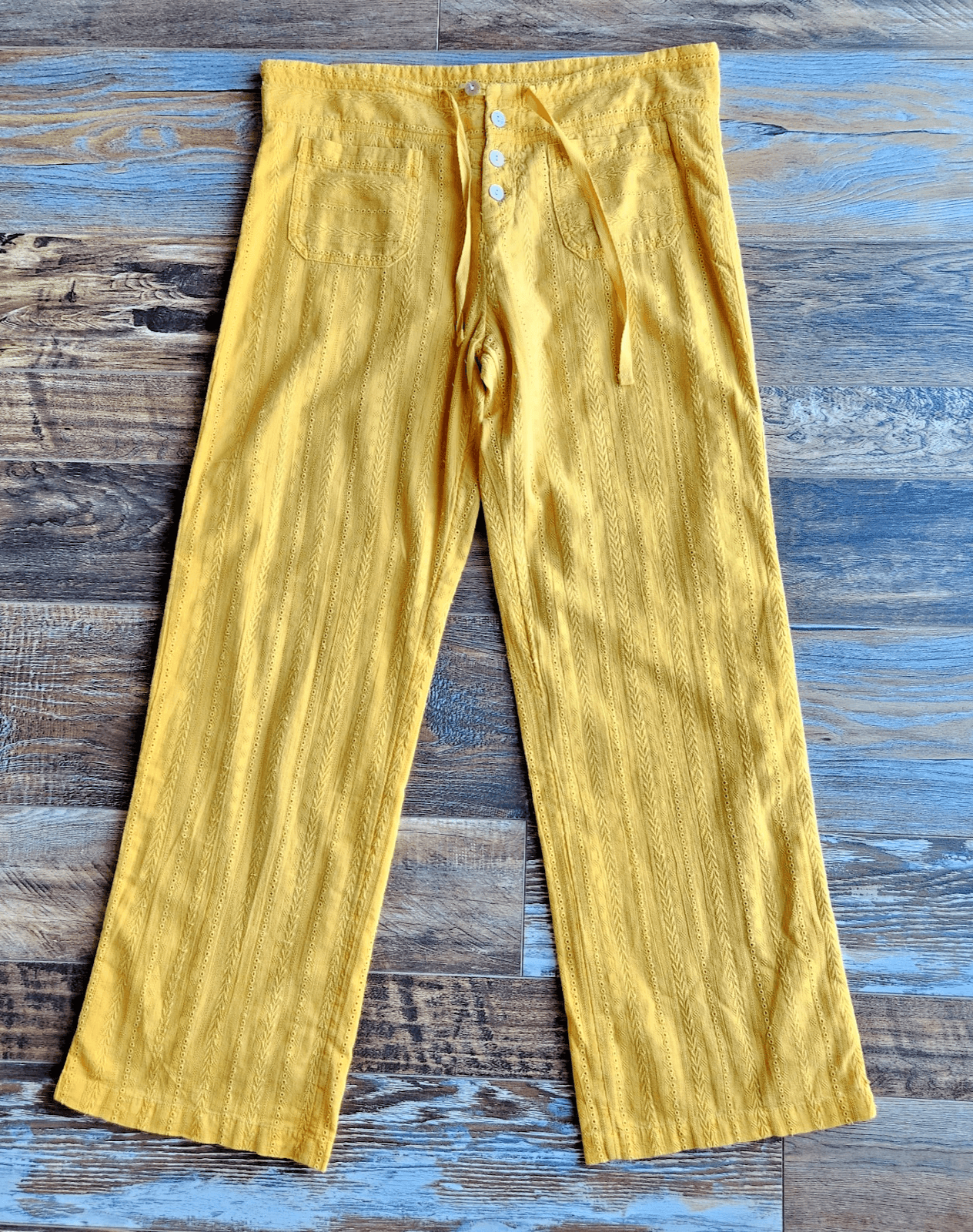 NWT Sundance $98 Gigi Eyelet Straight Pants Button-Fly Pocket Cotton Yellow Sz.M