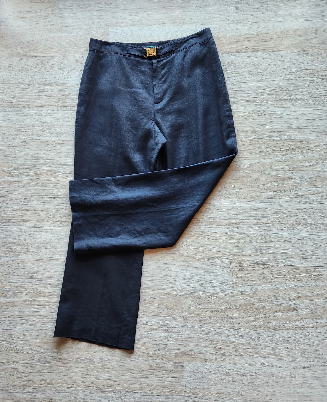 Lauren Ralph Lauren 100% Linen Straight Leg Pants Gold Buckle Zip Navy Women 14P
