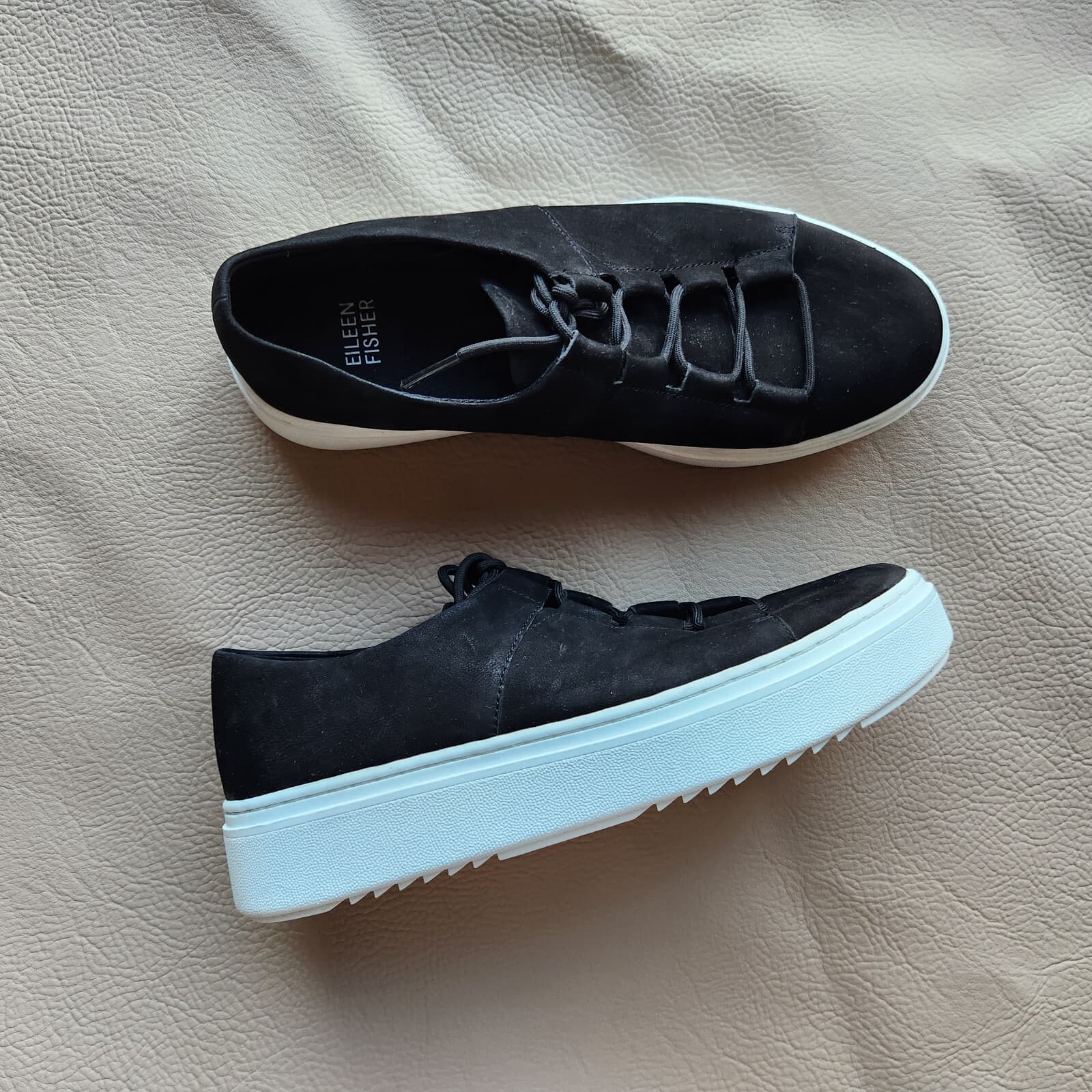 Eileen Fisher Precot Nubuck Leather Platform Sneakers Lace-Up Black Women's US7