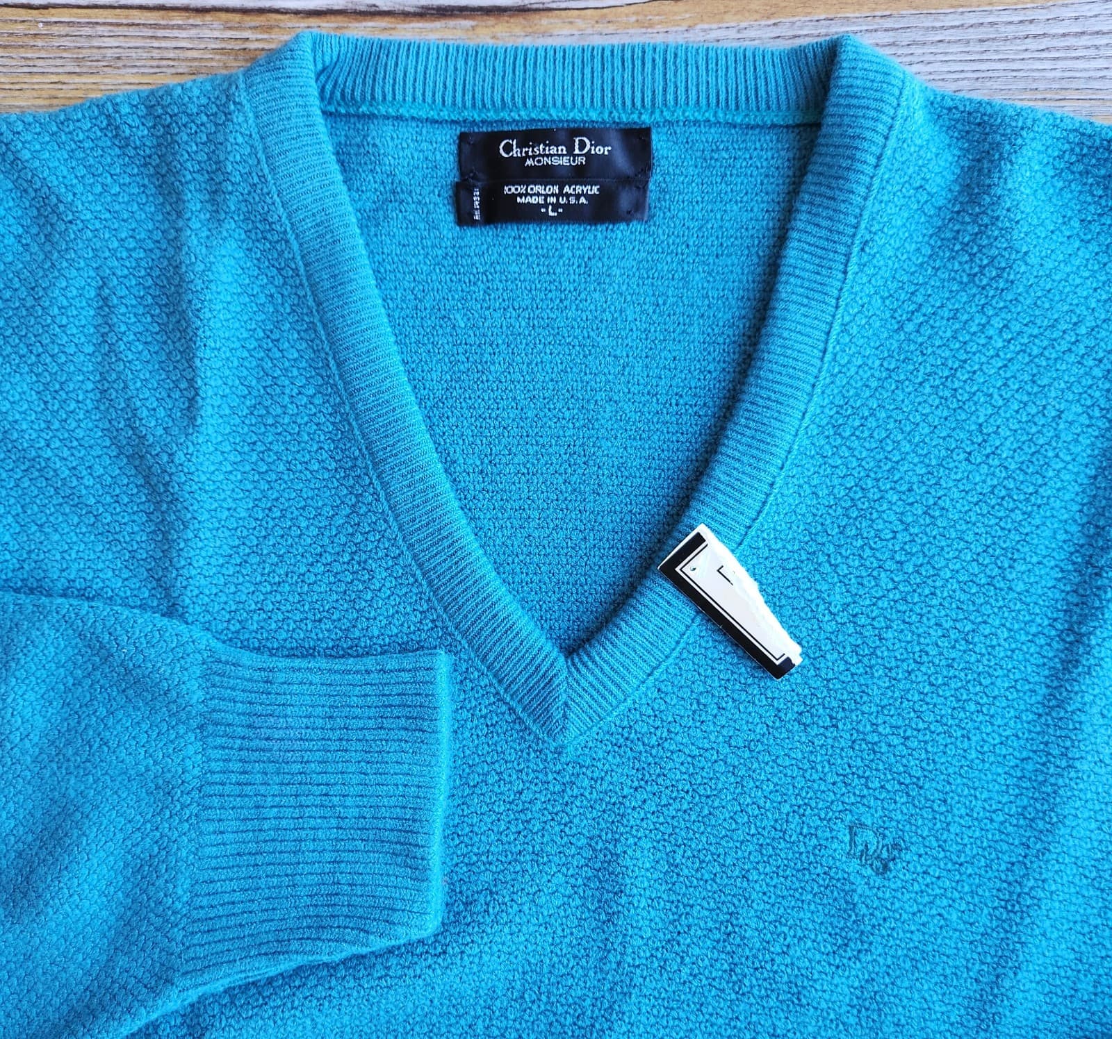 Vintage New Christian Dior Monsieur Made in USA Orlon Acrylic Sweater Blue Men L