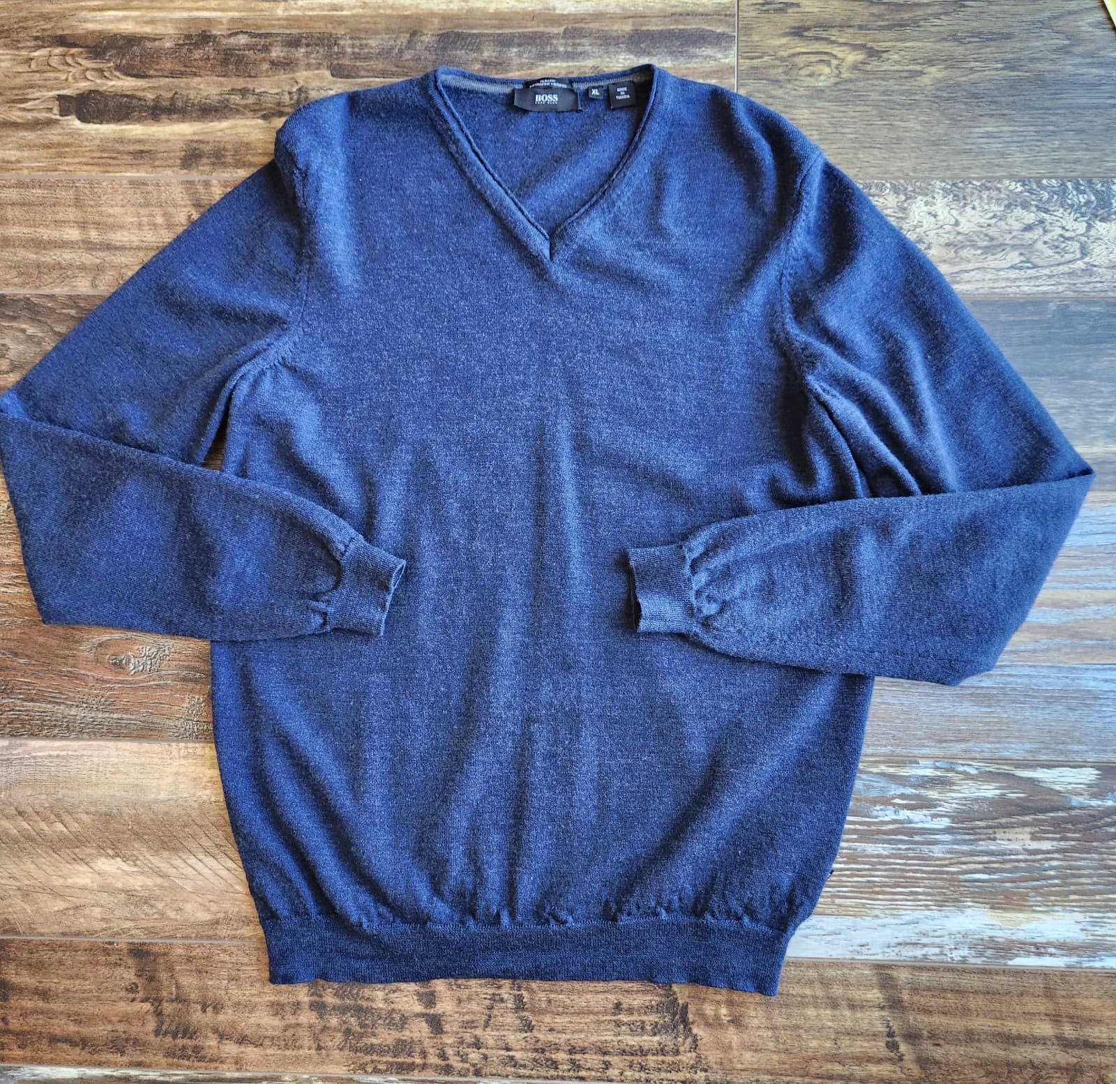Hugo Boss Extra Fine Merino Wool Slim Fit V-Neck Sweater Pullover Blue Men's XL