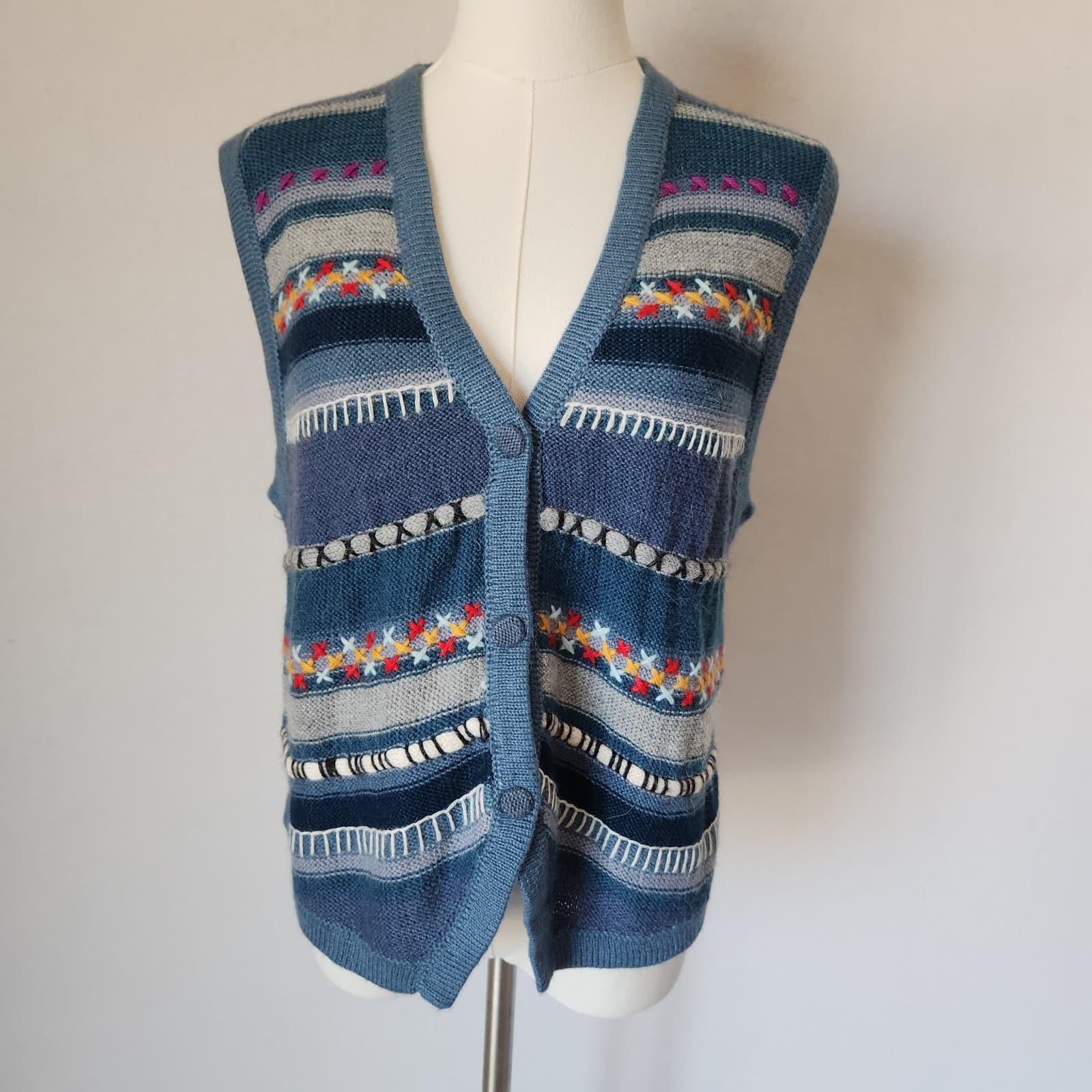 Arte Folcklorico Milenario Alpaca Peruvian Embroidered Sweater Vest Blue Sz.L