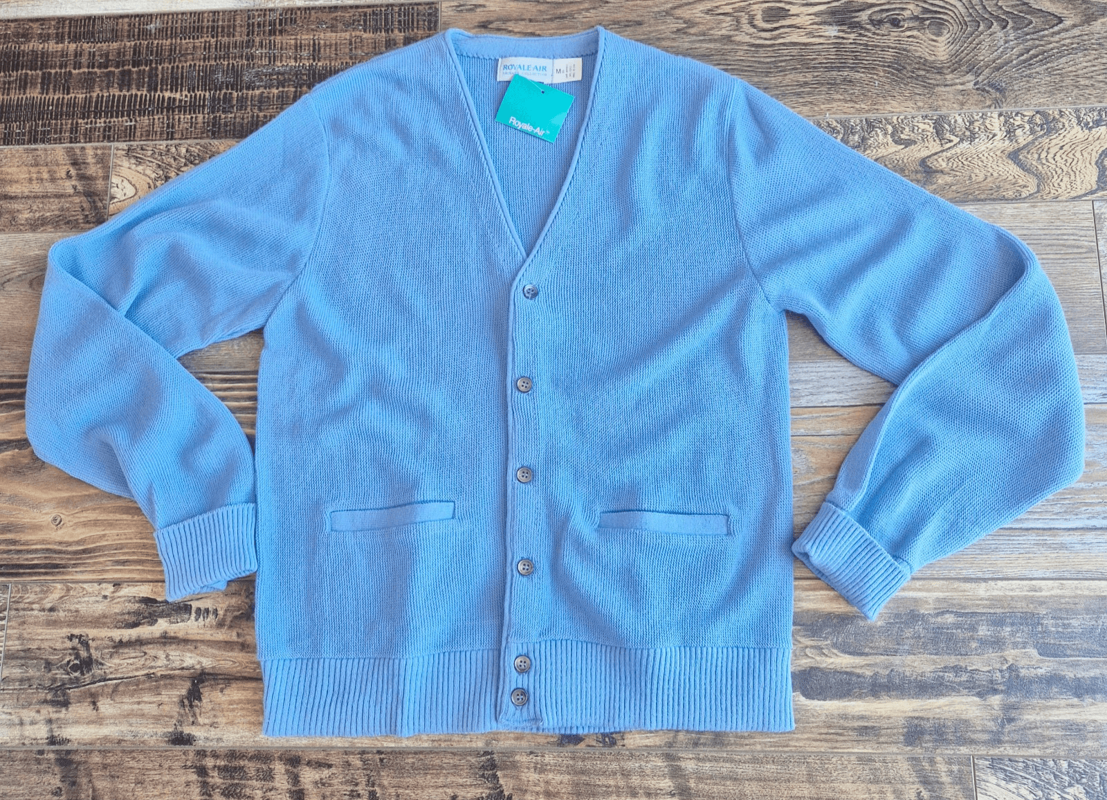 Vintage Royale-Air Made in USA Acrylic Grandpa Cardigan V-Neck Pocket Blue Sz.M
