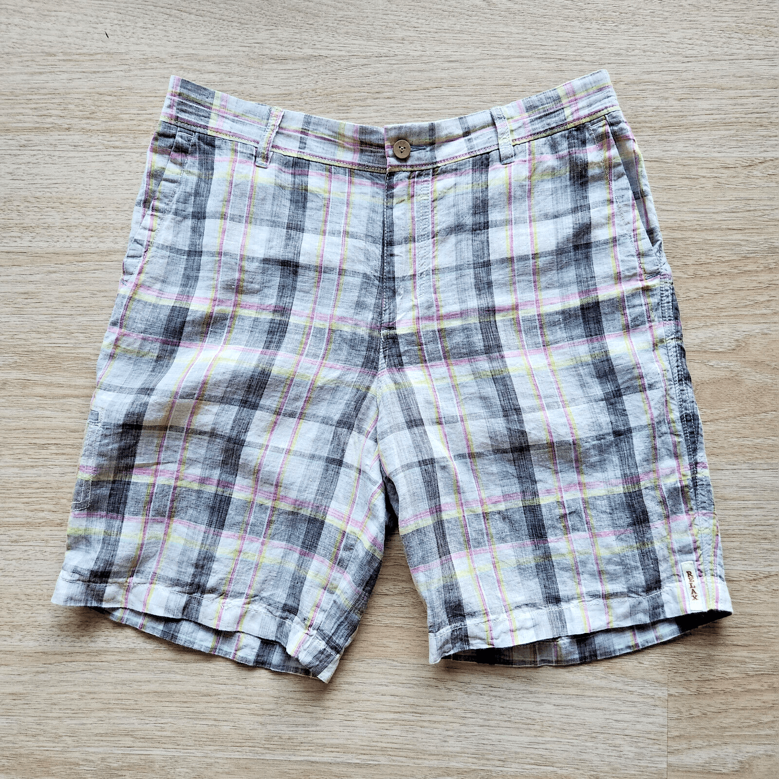 Tommy Bahama Relax 100% Linen Madras Plaid Shorts Zip Pocket Multicolor Men's 35
