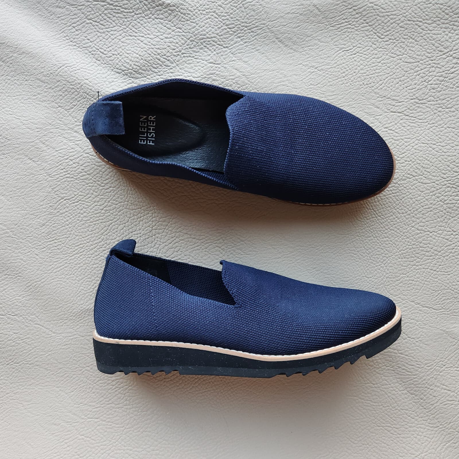 EILEEN FISHER $165 Embrace Recycled Stretch Knit Loafer Platform Navy Blue US7