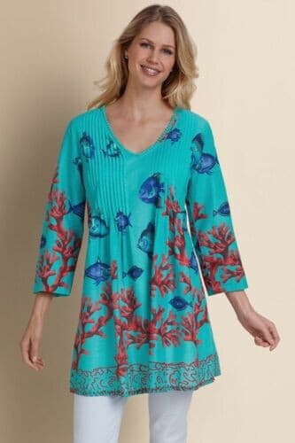 NWoT Soft Surroundings Seychelles Coral-Bead Fish Coral Cover-Up Top Green Sz.S