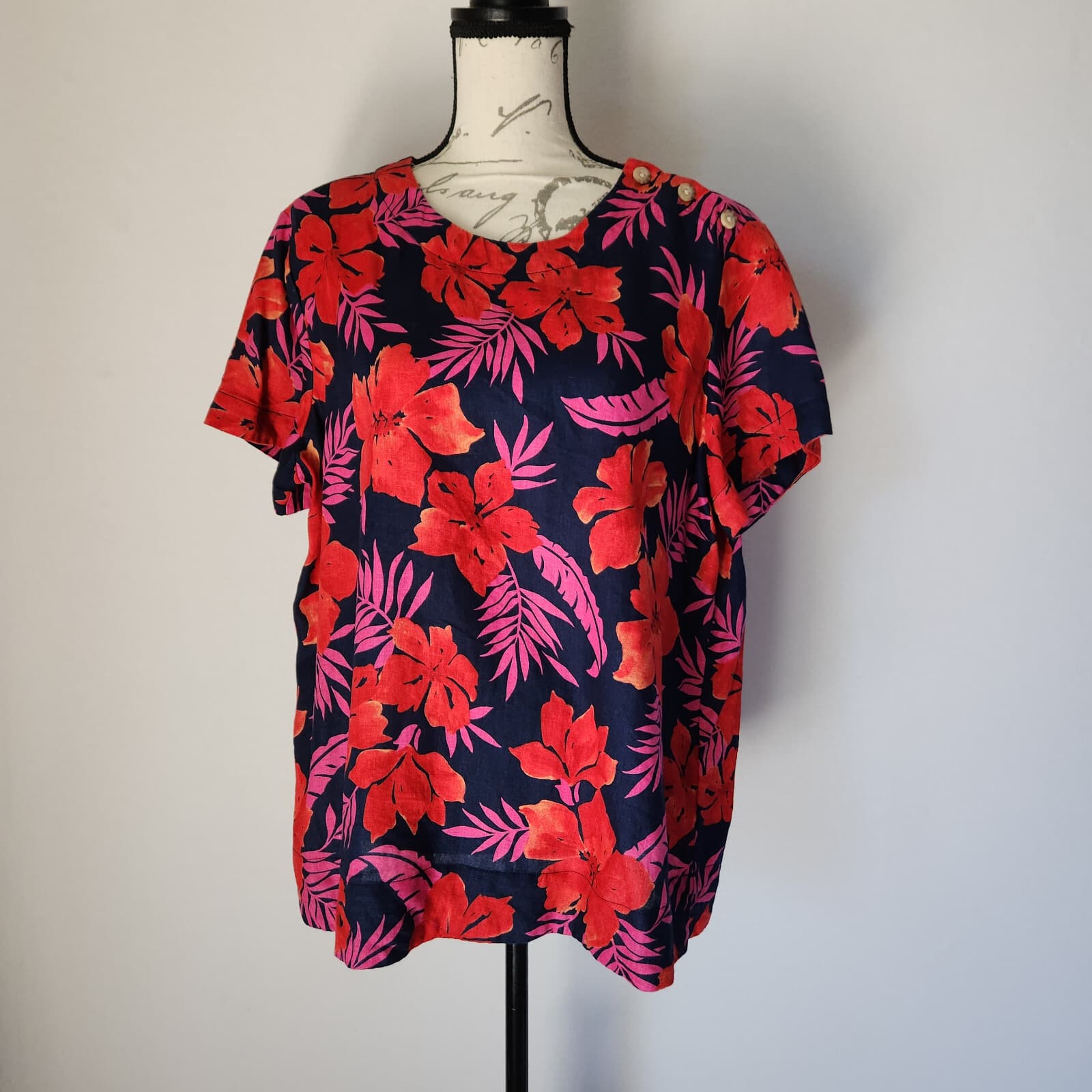 EUC Lands' End 100% Linen Floral Summer Blouse Short Sleeve Pink Blue Women's L