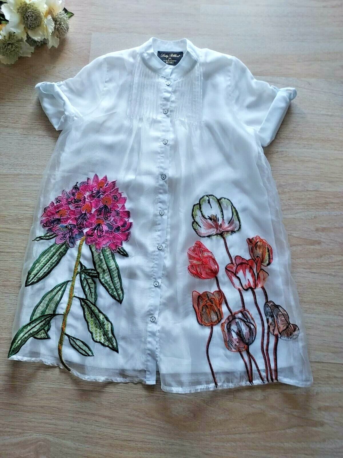 NWoT Lady Ribbon Embroidered Floral Shirt Mini Dress Button White Chest 40 (S/M)