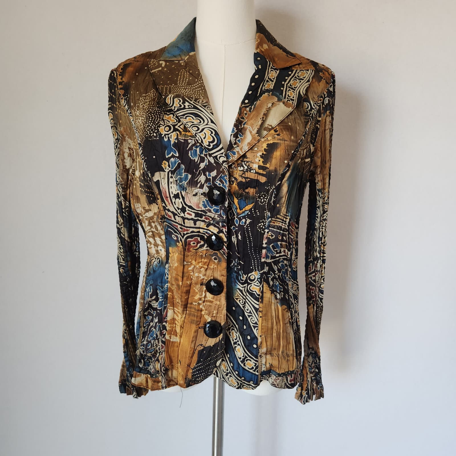 Alberto Makali Satin Crinkle Bead Blazer Jacket Mesh-Lining Geo-Printed Womens M