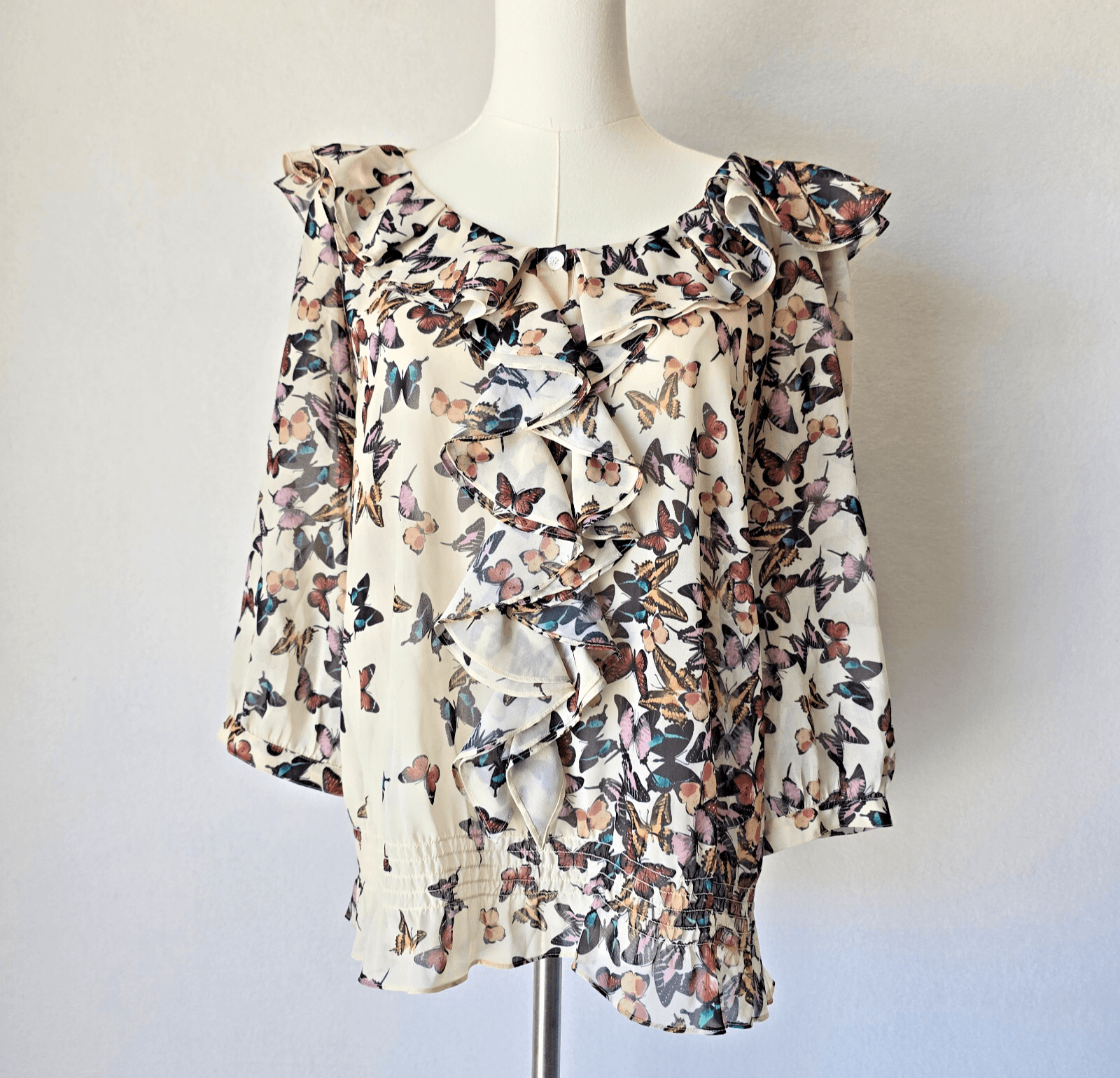 Ted Baker London Butterfly Printed Ruffle Sheer Chiffon Blouse Cream Sz.3 (8)