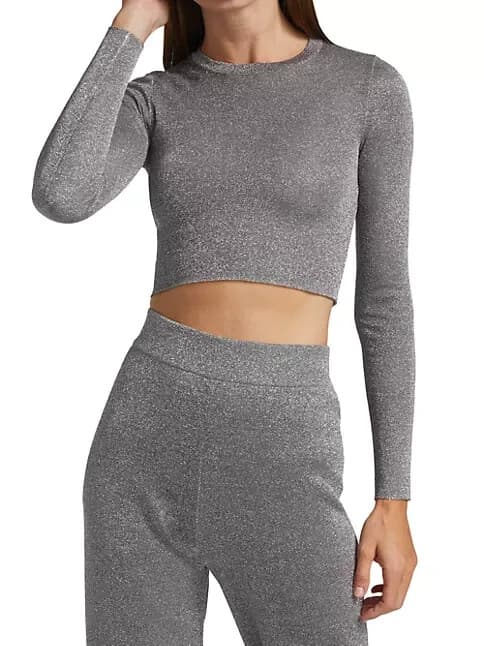 Alice + Olivia Ciara Silver Metallic Cropped Sweater Wool Blend Crew Neck Sz.S