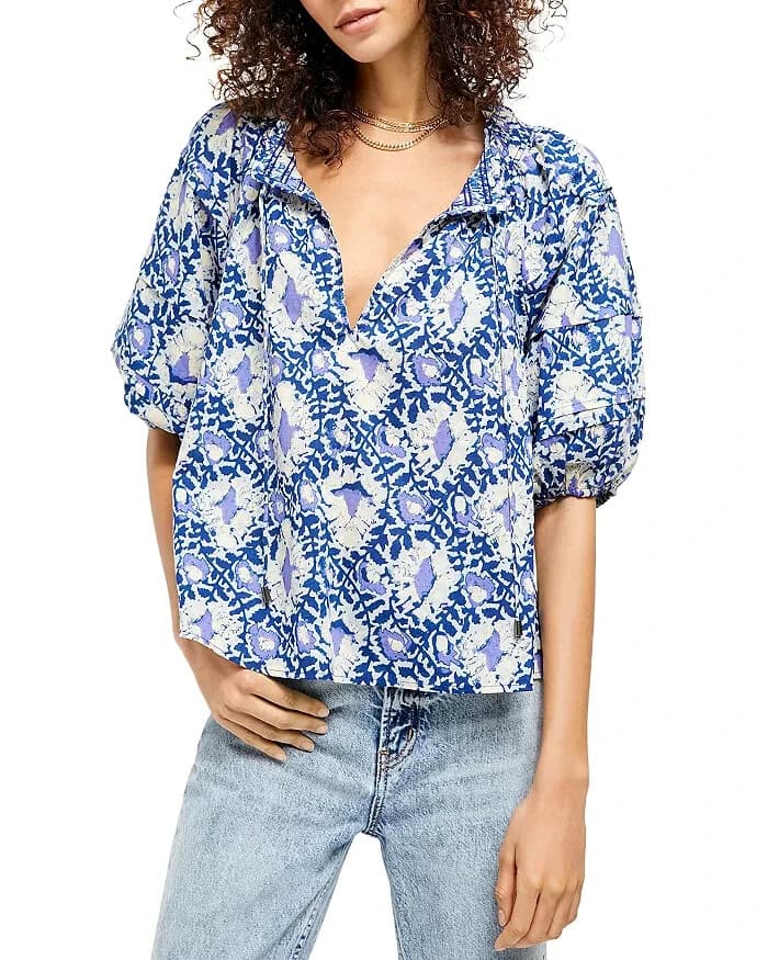 Free People Willow Printed Blouse Smock-Neck Short Puff Sleeve Blue Purple Sz.XS