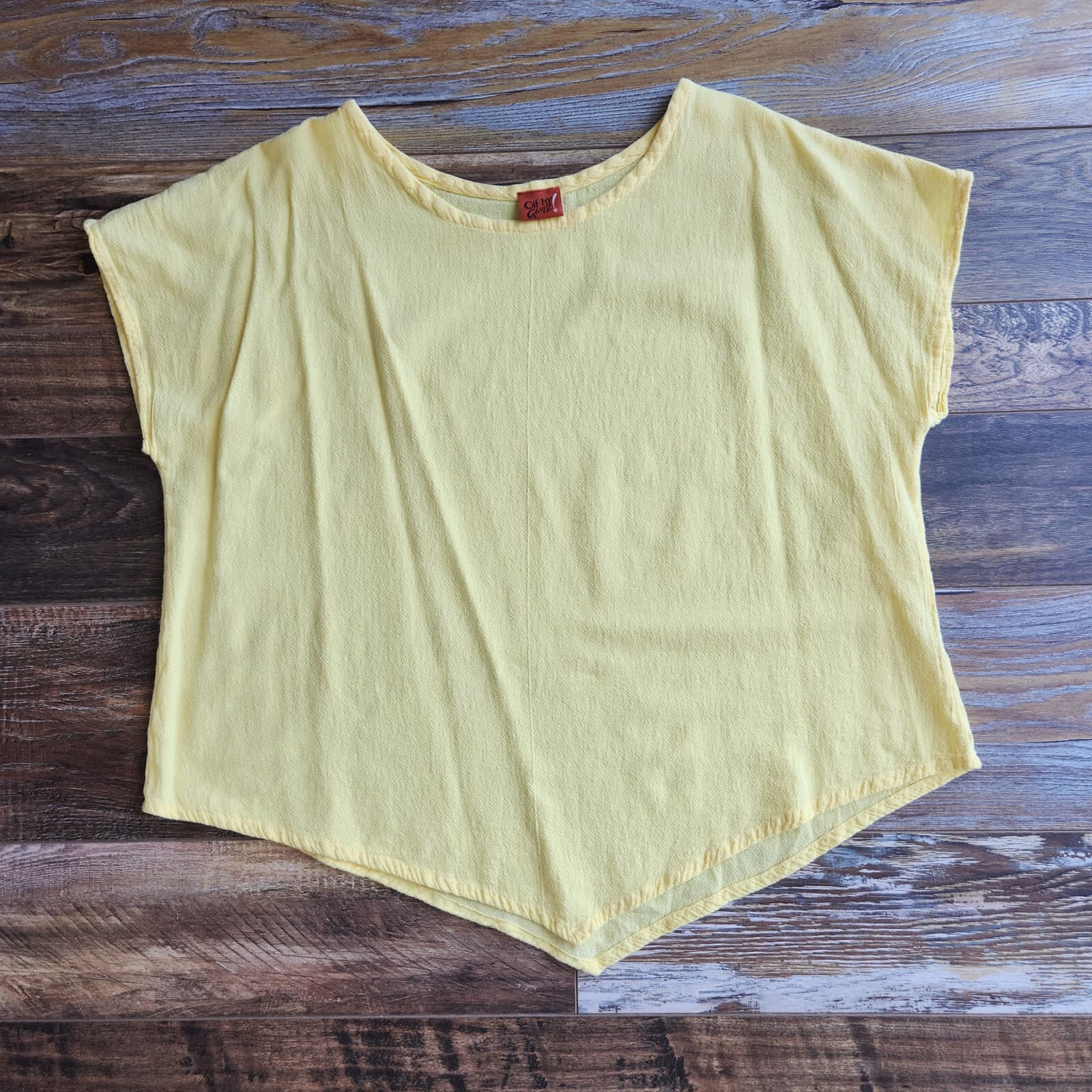 Oh My Gauze Lagenlook Asymmetrical Hem Blouse Cap Sleeve Cotton Yellow Sz.3/XXL