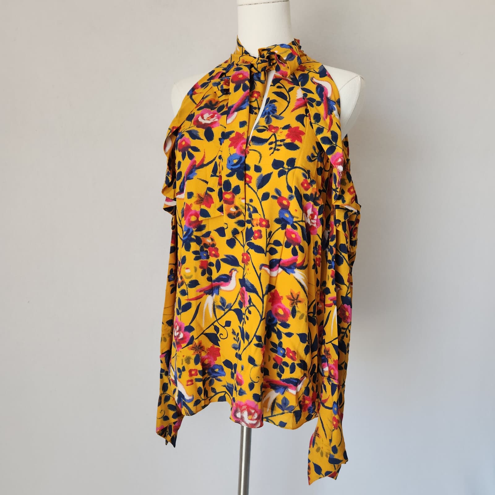 Tanya Taylor Silk Floral Cold-Shoulder Blouse Halter-Tie Neck Long Sleeve Sz.6