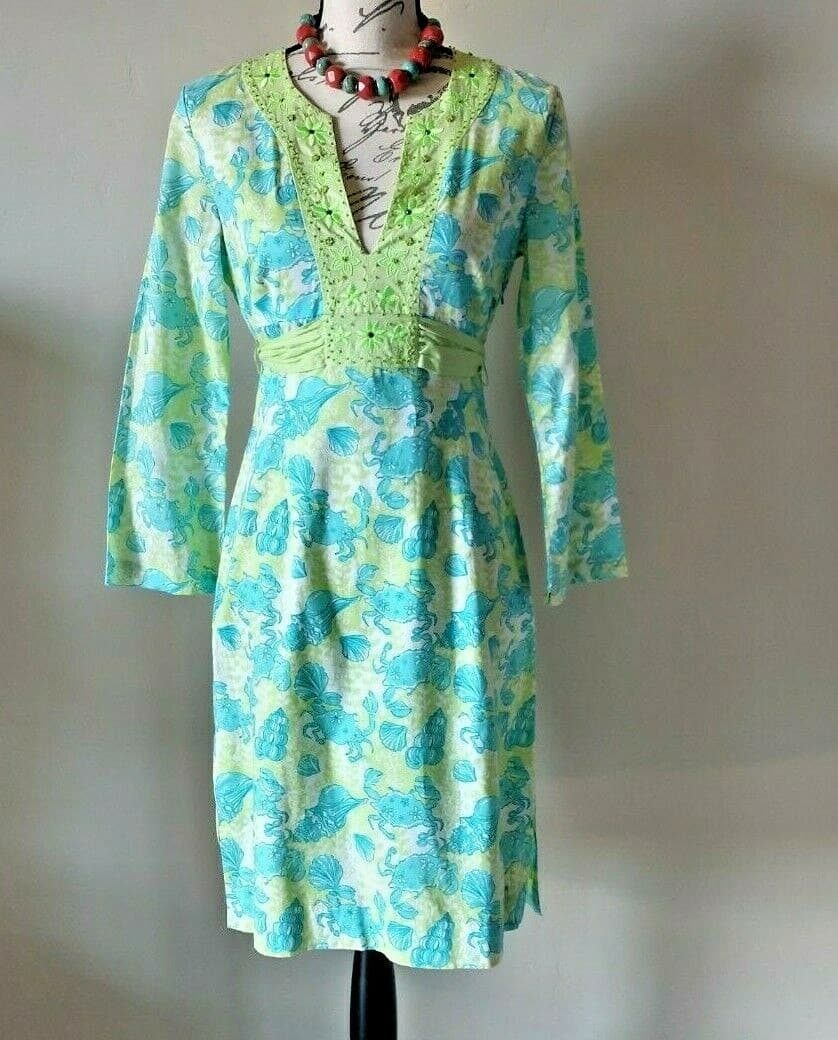 Lilly Pulitzer 100%Cotton Dress Bead Embellished Tie Back Seashell Green Blue XS