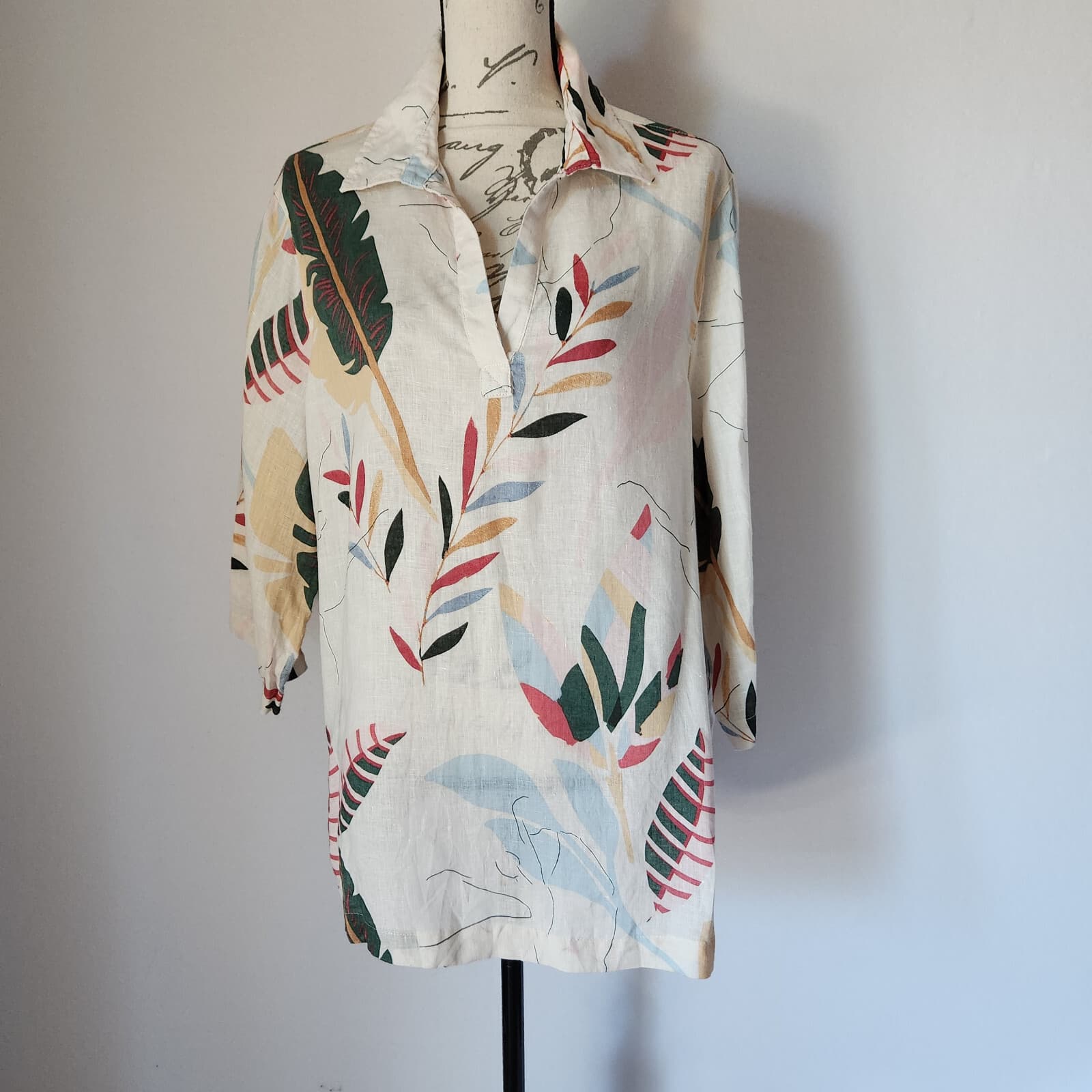 Cynthia Rowley 100% Linen Floral Tunic Popover Blouse 3/4 Sleeve Cream Womens 1X