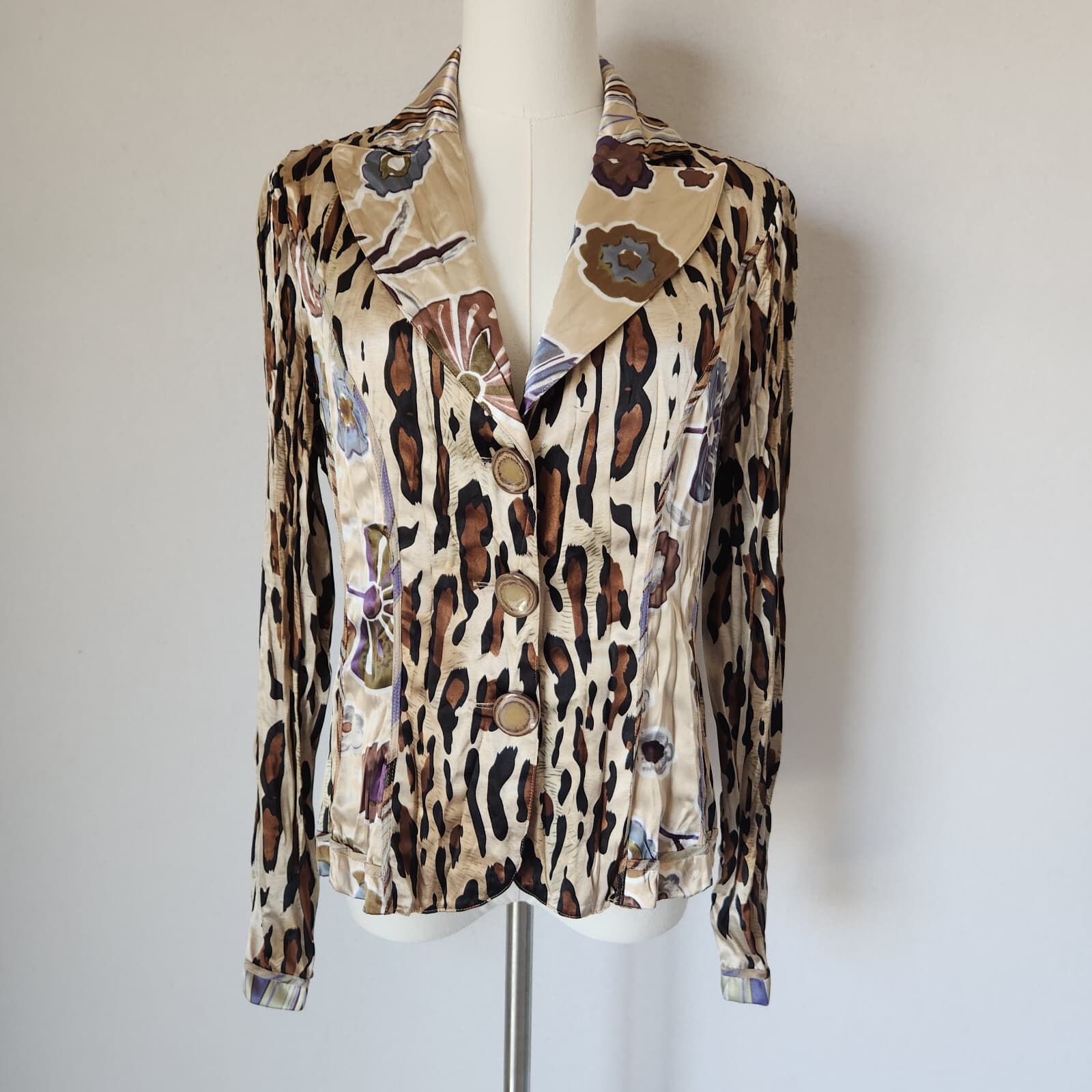 Alberto Makali Satin Crinkle Floral Leopard Blazer Jacket Brown Beige Women's M