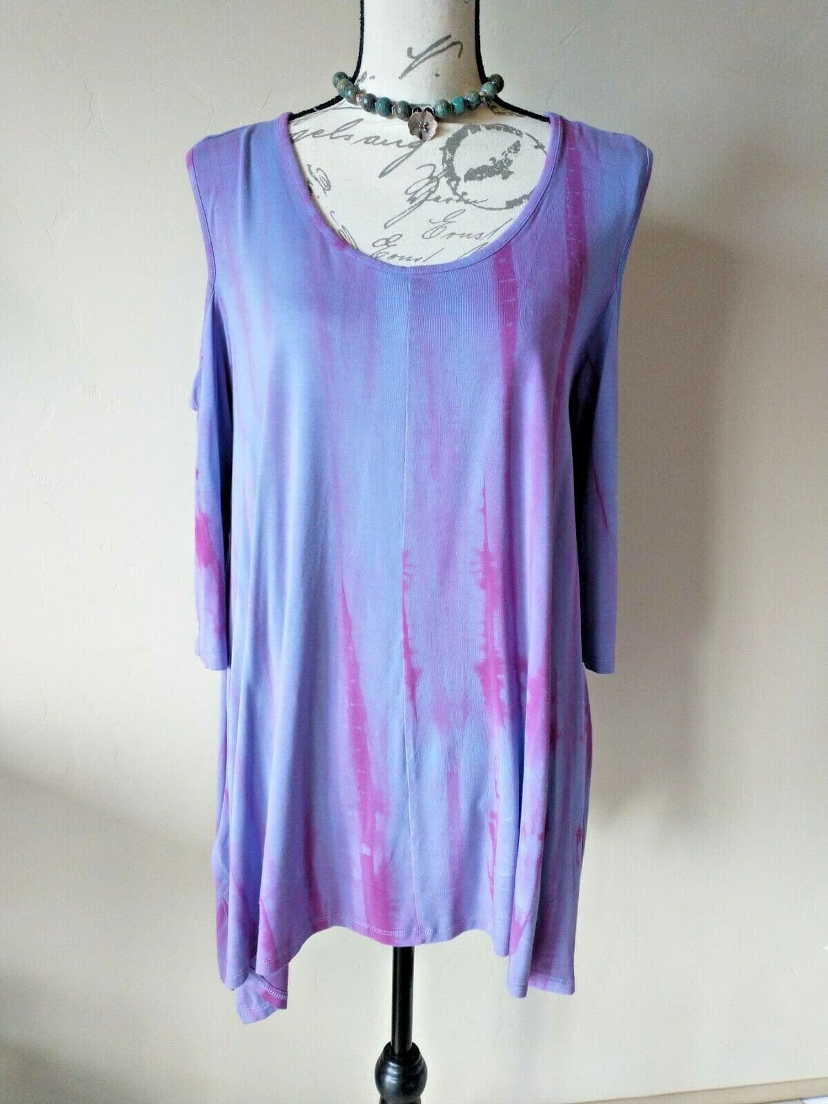 Soft Surroundings Sun Bleached Top Cold Shoulder 3/4Sleeve Purple Tie-Dye Sz.M