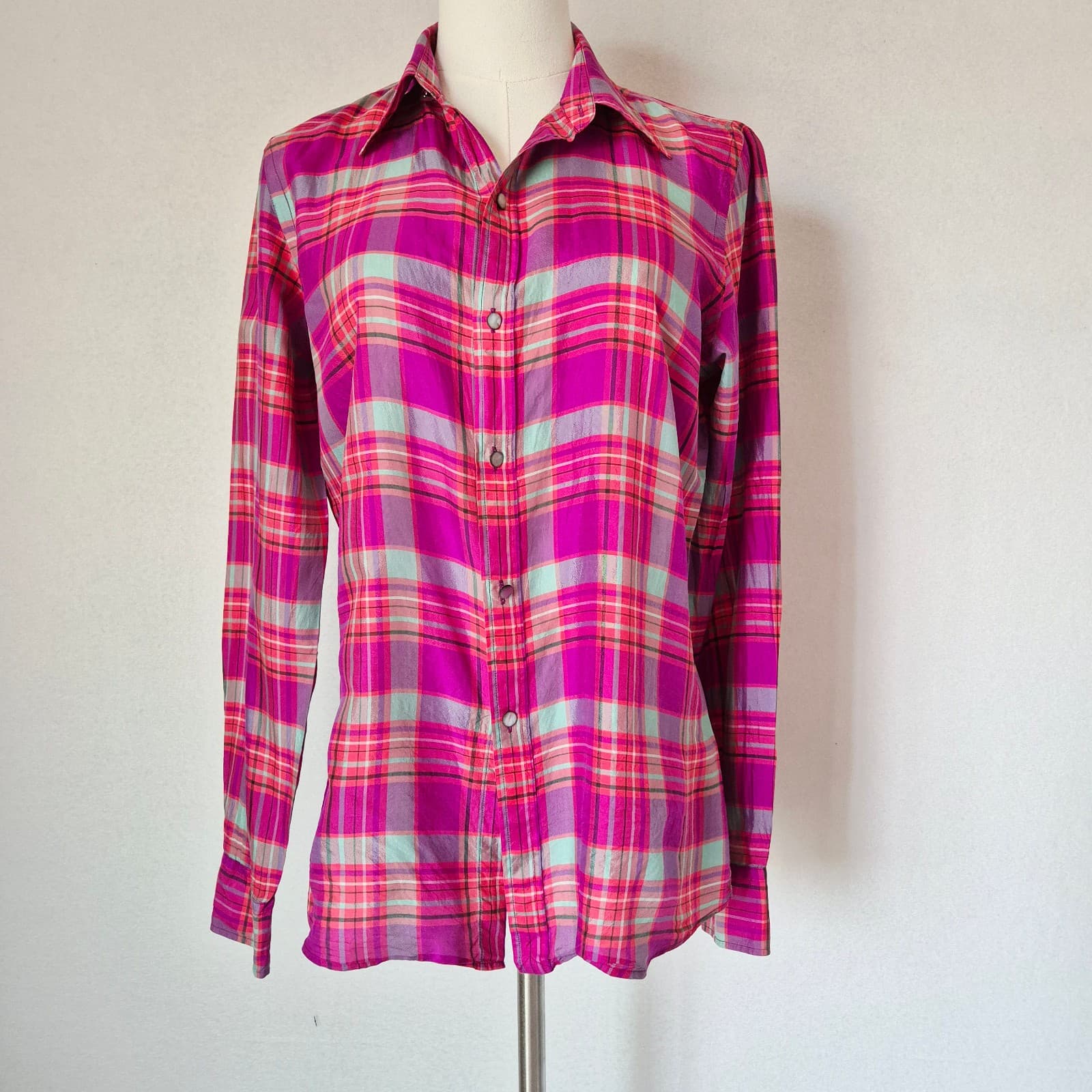 Vintage Ralph Lauren Sport Silk Pink Plaid Button-Up Shirt Long Sleeve Womens 10