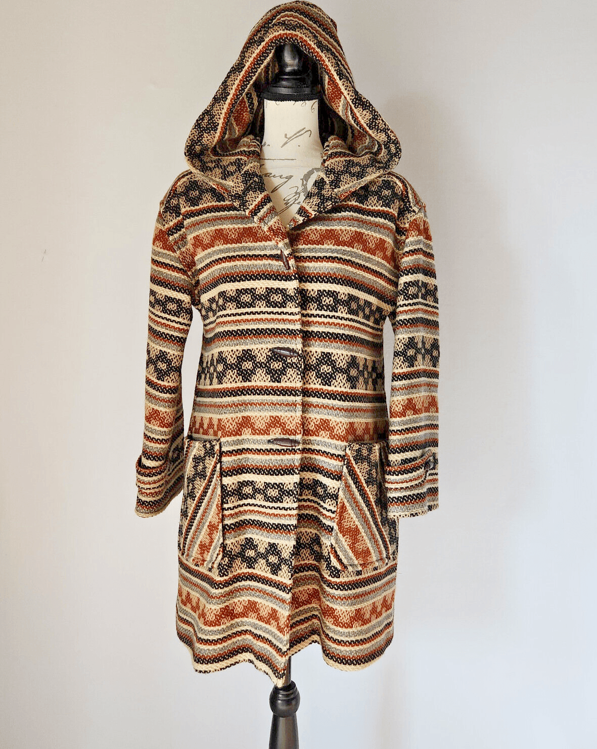Vintage Pendleton Limited Blanket Wool Hooded Aztec Western Long Line Coat S/M