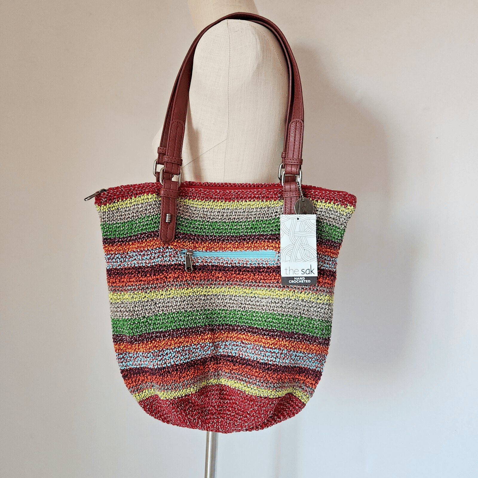 NWT The Sak $99 Alpine Hand Crocheted Bucket Shoulder Bag Tote Stripe Multicolor