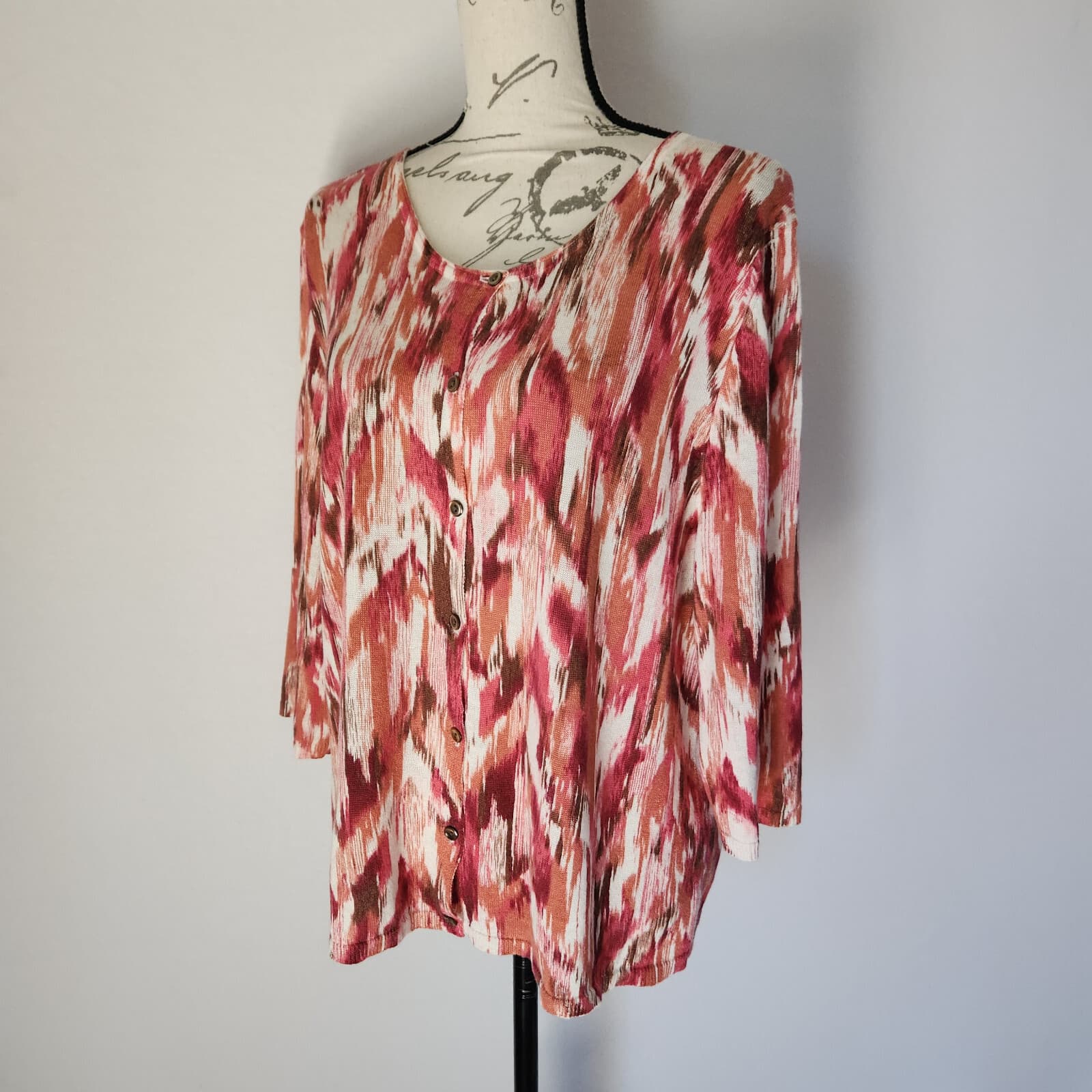 EUC J.Jill Linen Blend Abstract Cardigan Button 3/4 Sleeve Multicolor Women's XL