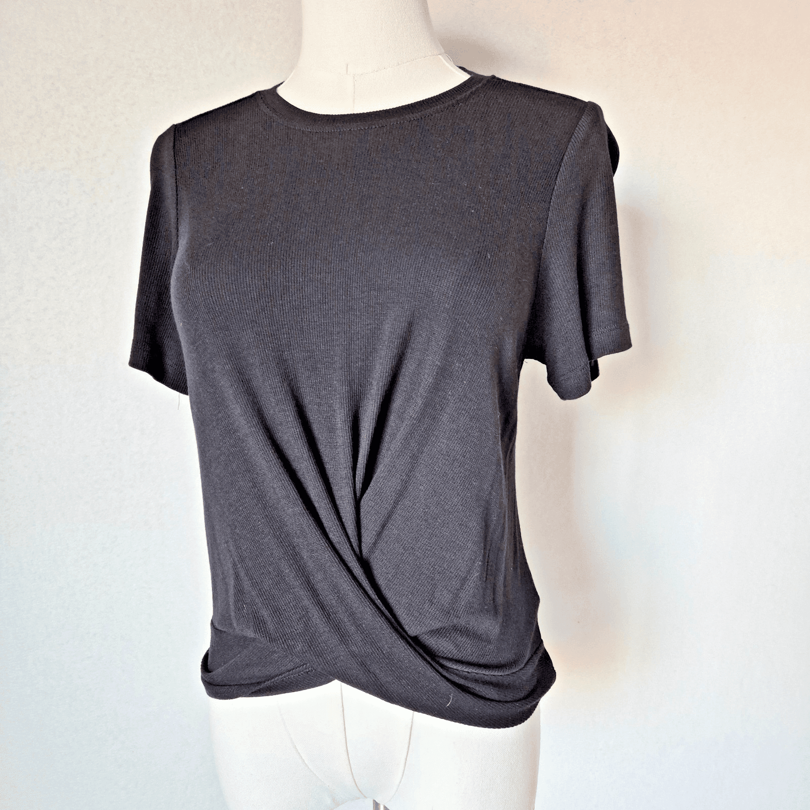 Marine Layer Front Twist Ribbed Knit Crew T-Shirt Short Sleeve Black Women's S