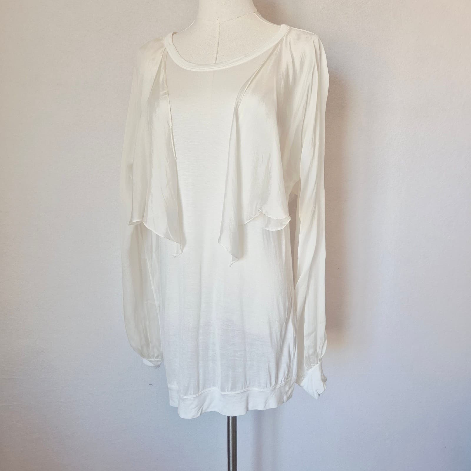 Robert Rodriguez Silk Modal Ruffle Overlay Long Billowy Sleeve Top White Sz.L