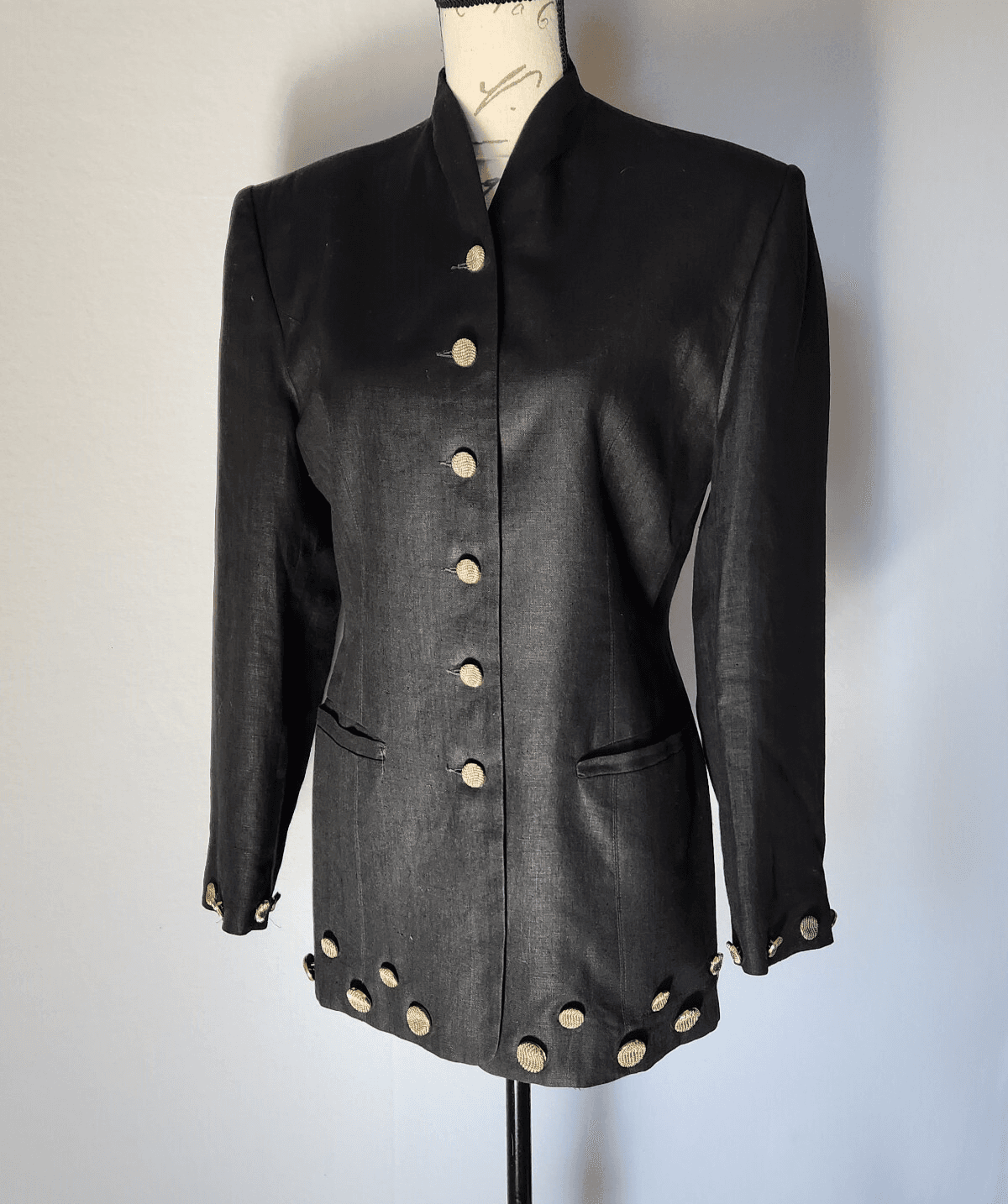 Vintage'80s Comme Par Hasard France Linen Blazer Gold Button Black Women Sz.2