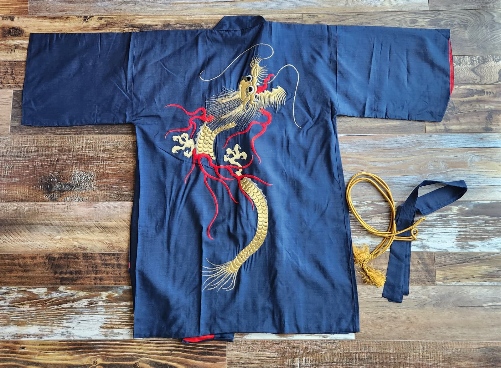 Japanese Dragon Embroidered Silk Kimono Robe Belt Blue Men's O/S Made in Japan