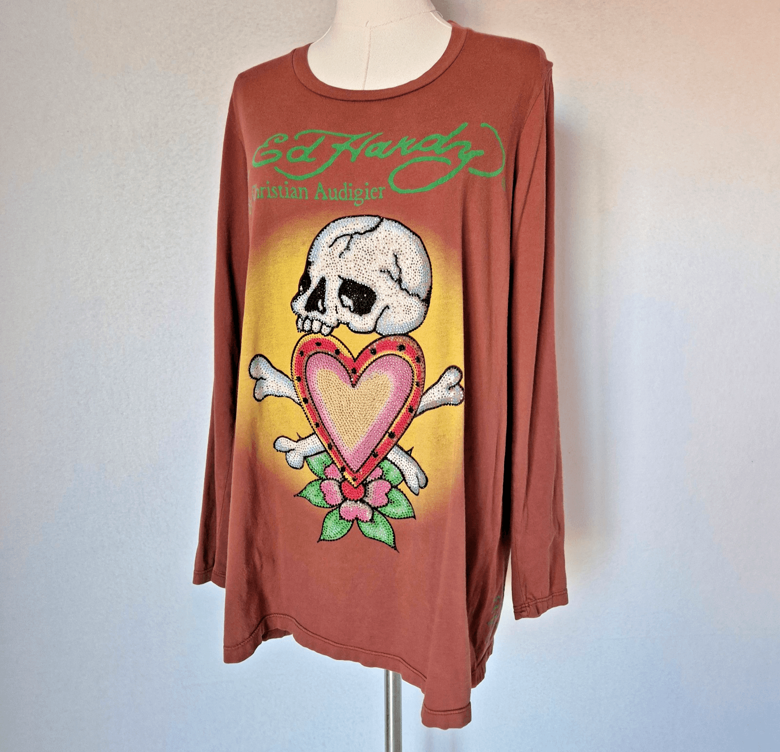 Ed Hardy Christian Audigier Skull Hearth Jeweled T-Shirt Long Sleeve Brown Sz.1X