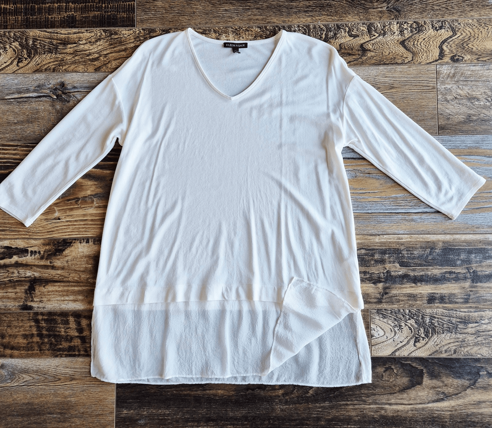 EILEEN FISHER 100% Silk Jersey Ivory Overlay Tunic Top V-Neck 3/4 Sleeve Sz.XXS
