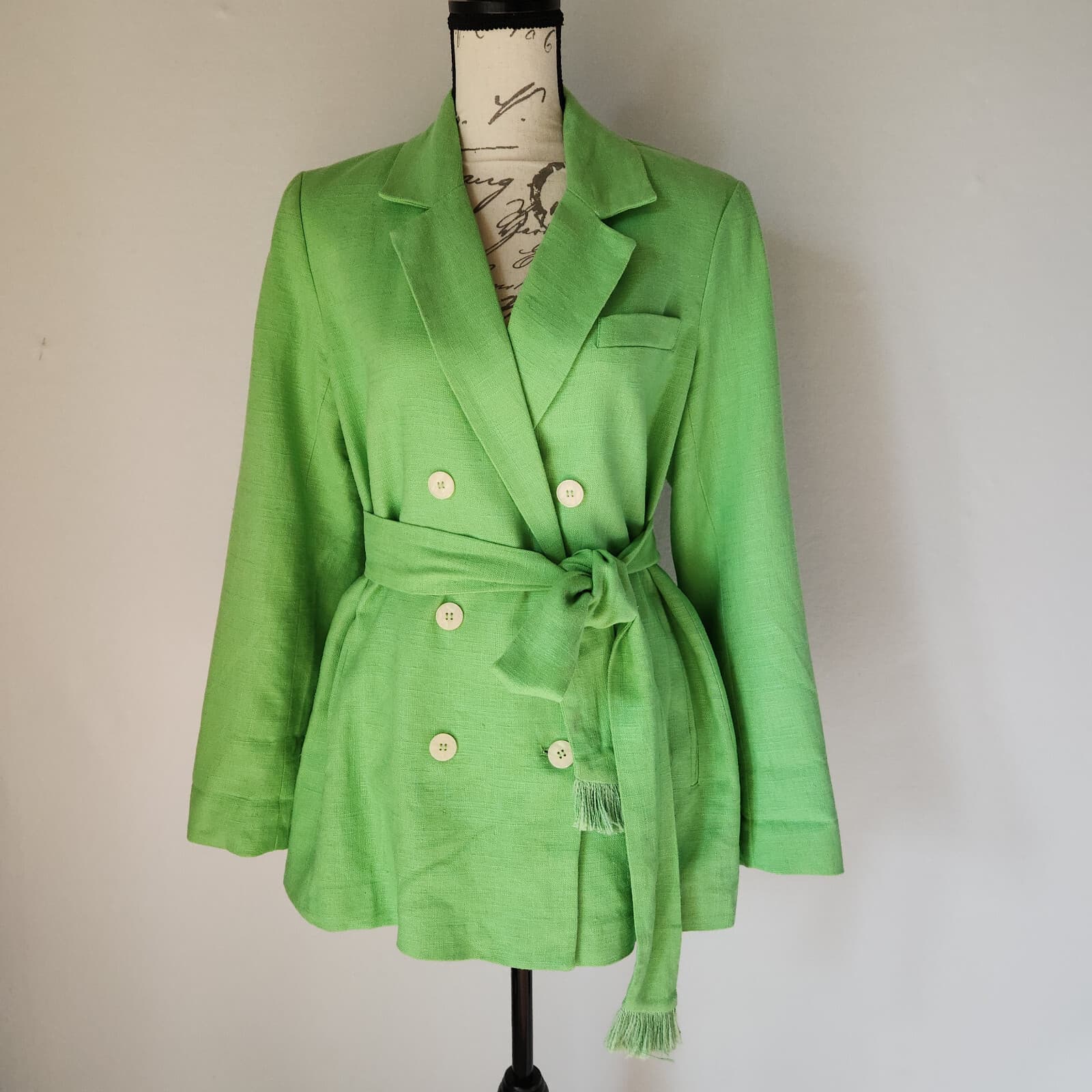 NWT House of Harlow 1960 Linen Blend Belted Double Breasted Blazer Green Sz.M