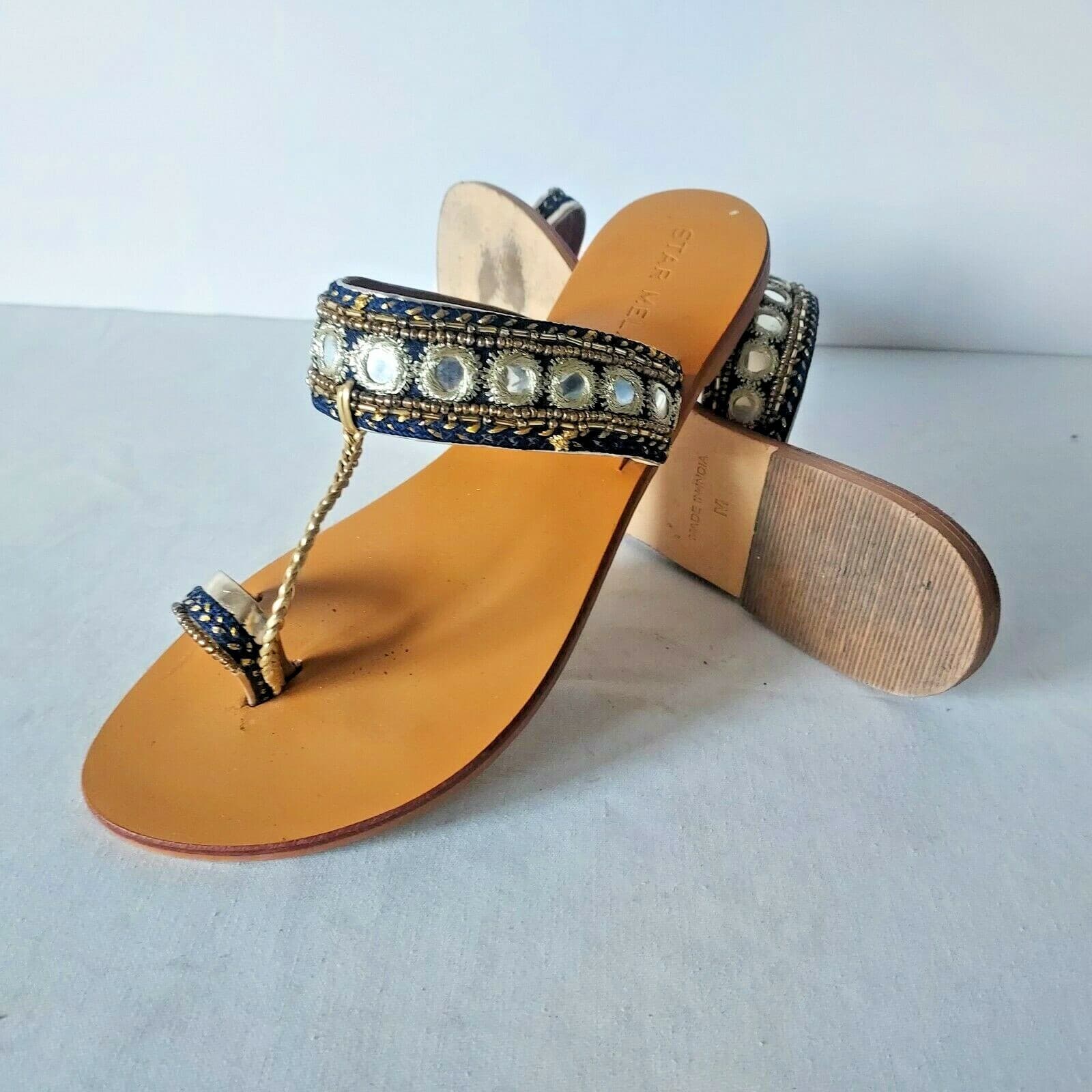 STAR MELA Bead Embellished Flat Sandals Leather Gold Blue Women Sz.M Insole 10"