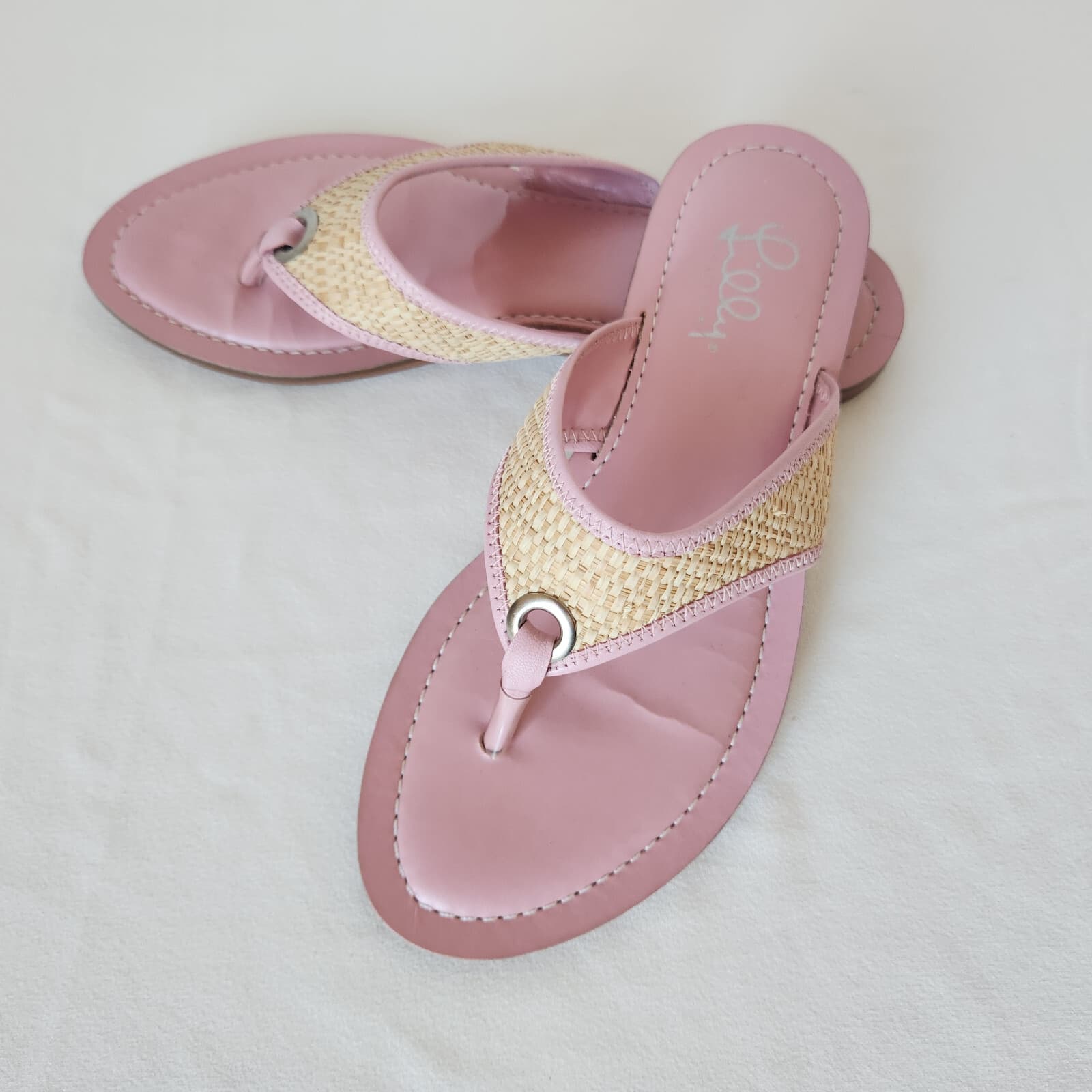 Lilly Pulitzer Benny Flat Thong Sandals Napa Raffia Pink Natural Women 8M Blazil