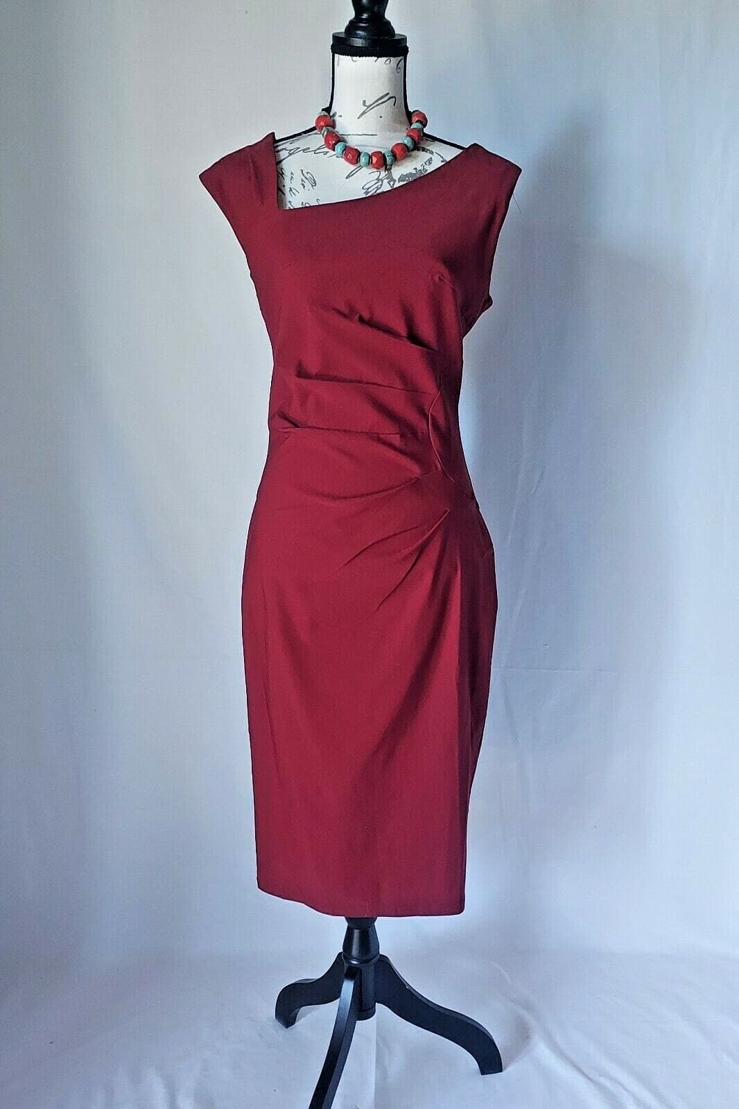 NWT MUXXA Boutique Midi Dress Asymmetrical-Neck Ruched-Waist Sleeveless Red Sz.L