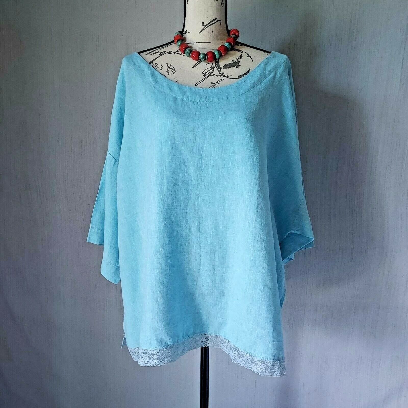 Pure Jill 100% Linen Tunic Top 3/4 Sleeve Scoop Neck Blue Lace Trim Women XL