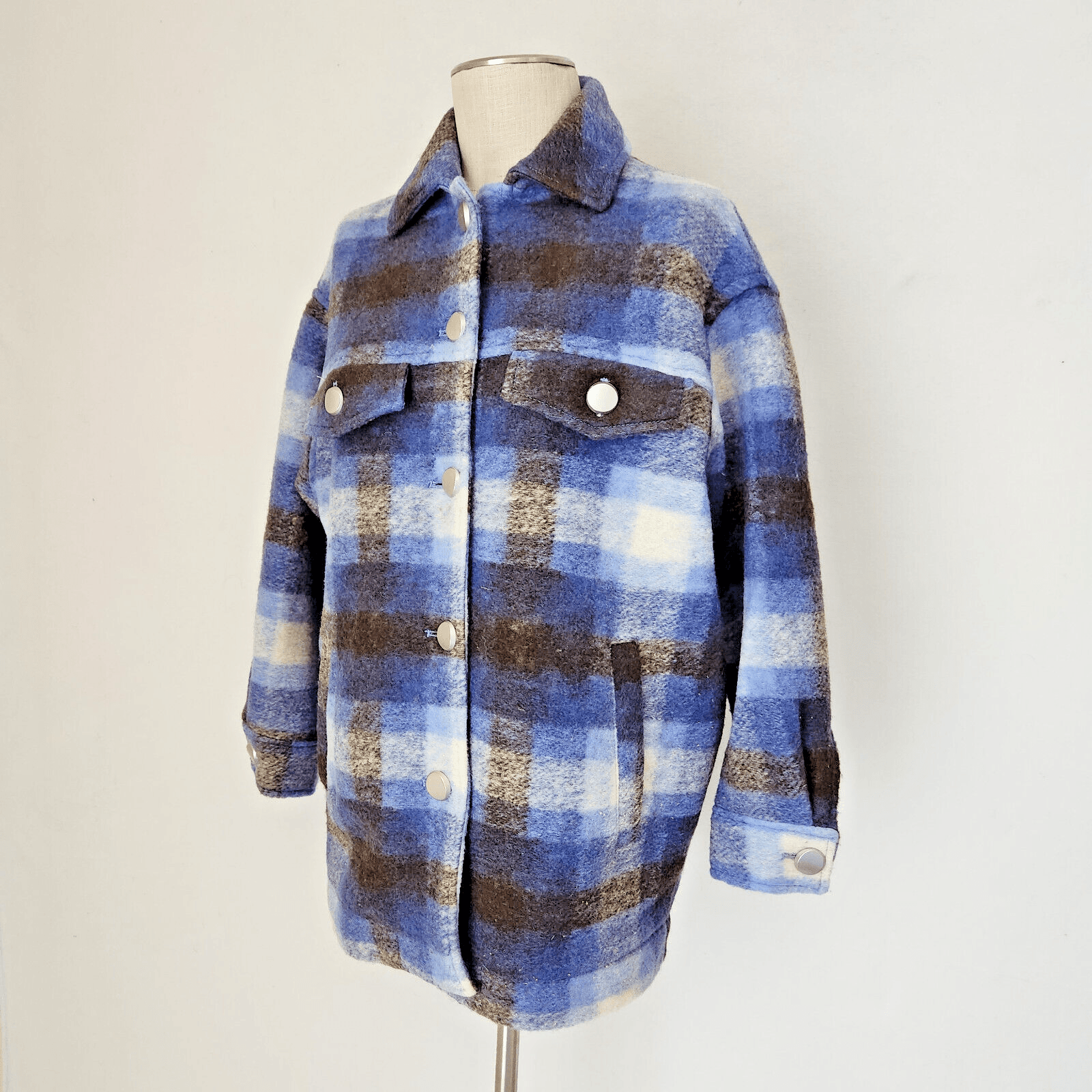 Zara Premium Wool Blend Plaid Shirt Jacket Shacket Overshirt Blue Oversize-Small
