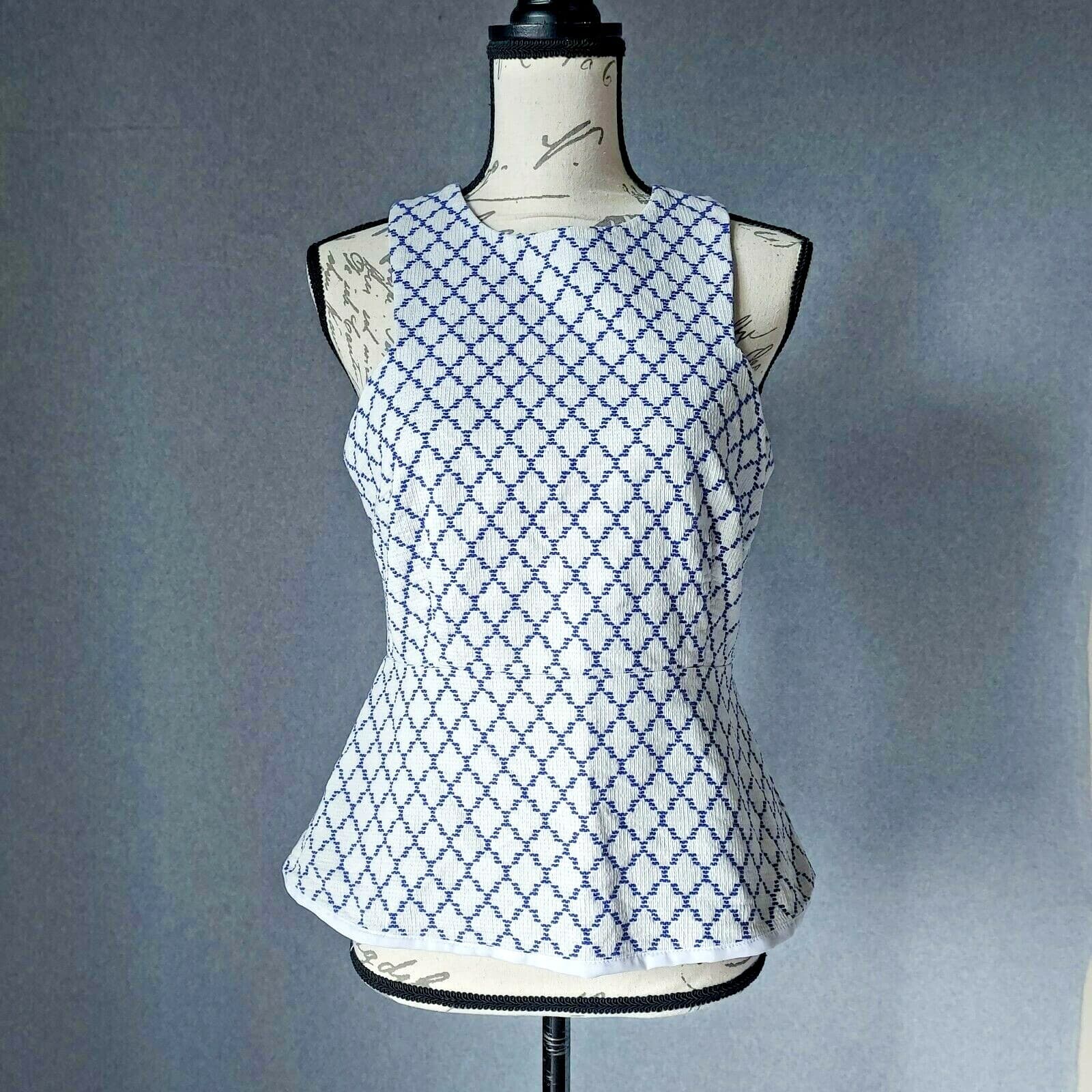 BEC & BRIDGE Drop Peplum Tank Top Zip Cotton Jacquard Blue-White Sz.8 Australia