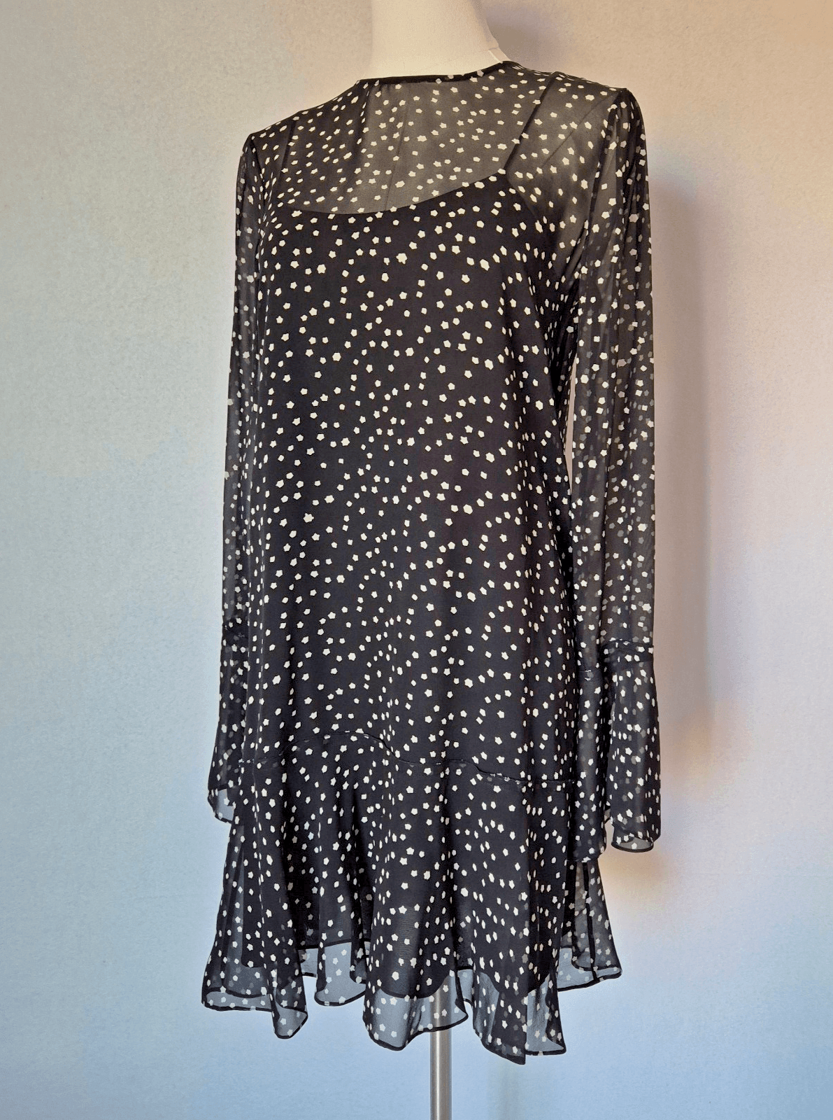 Theory Marah Starry Silk Mini Dress + Slip Long Sleeve Ruffle Hem Black Wome's 0