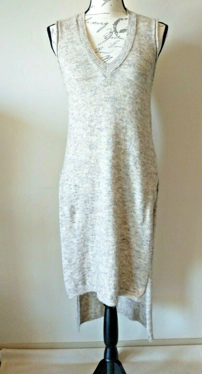ZARA KNIT Wool Blend Tank Top Dress Side Slit Sleeveless Hi-Low V-neck Brown M