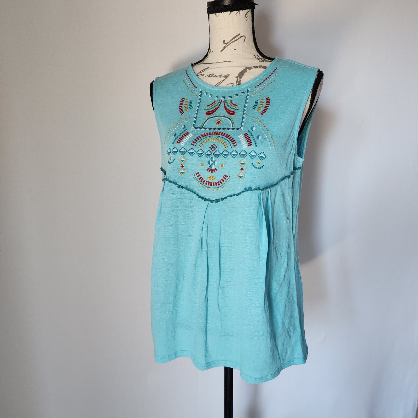 Sundance Jamma Women's M 100% Linen Embroidered Knit Tank Top Teal Blue