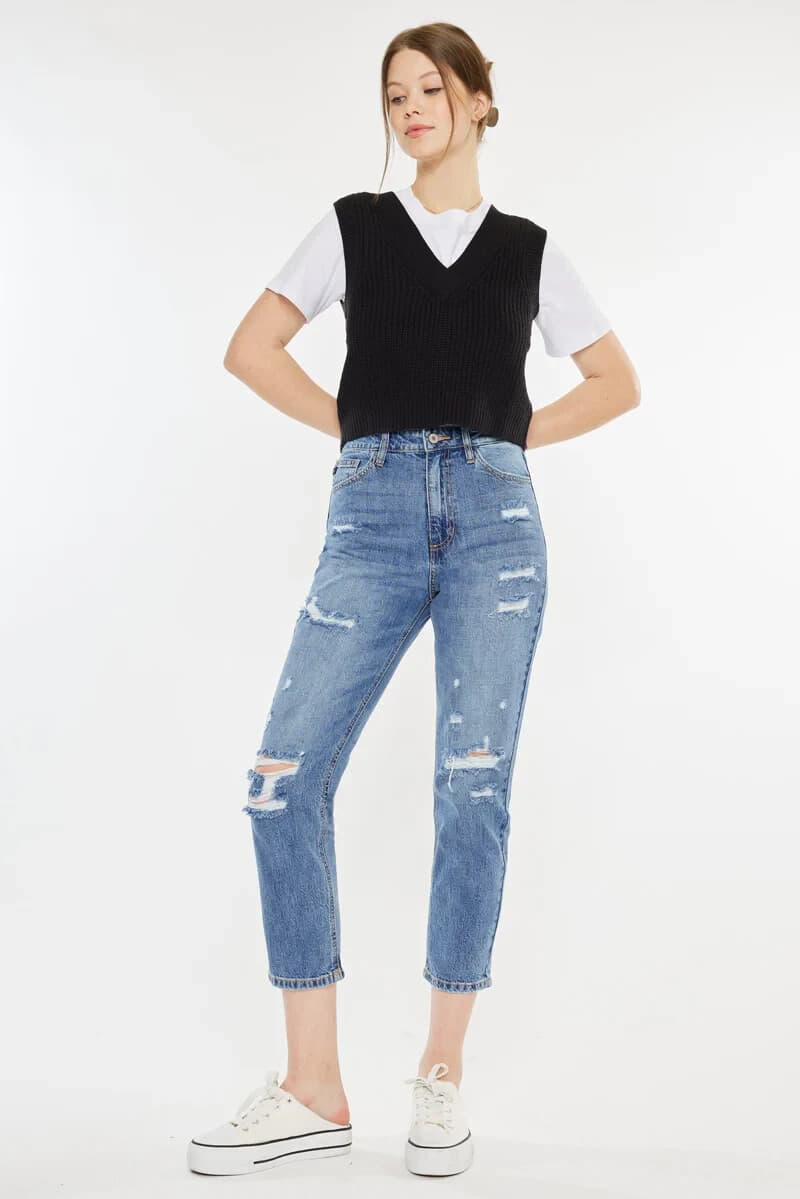 Kancan Bobbie Ultra High Rise Straight Leg Jean Distress Marbled Wash Blue 11/29