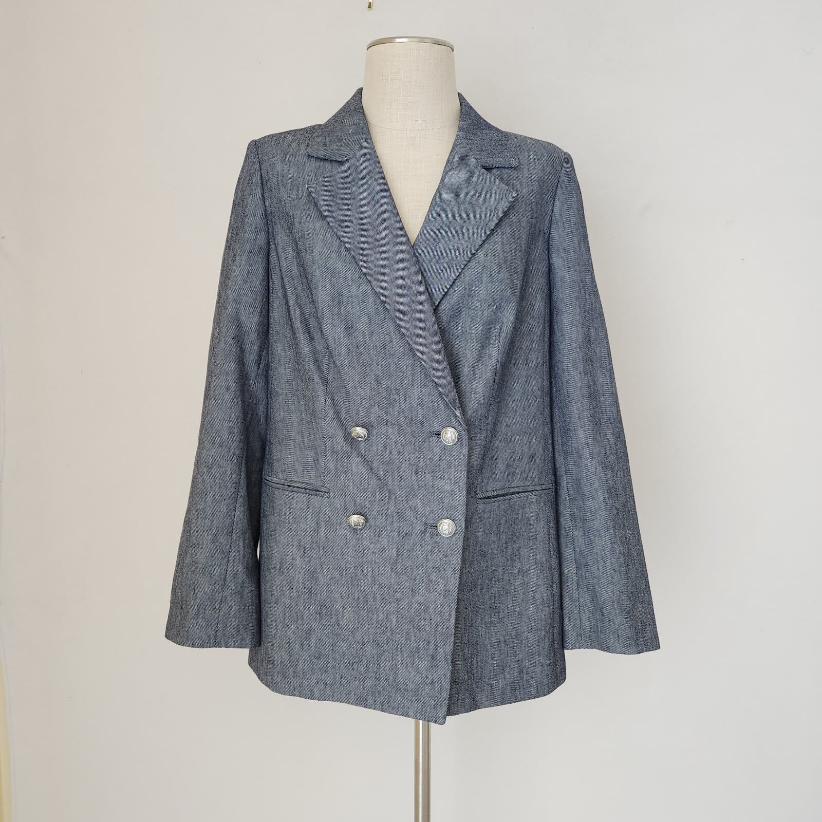 NWoT Karl Lagerfeld Paris $189 Linen Cotton Double Breasted Blazer Blue Sz.12