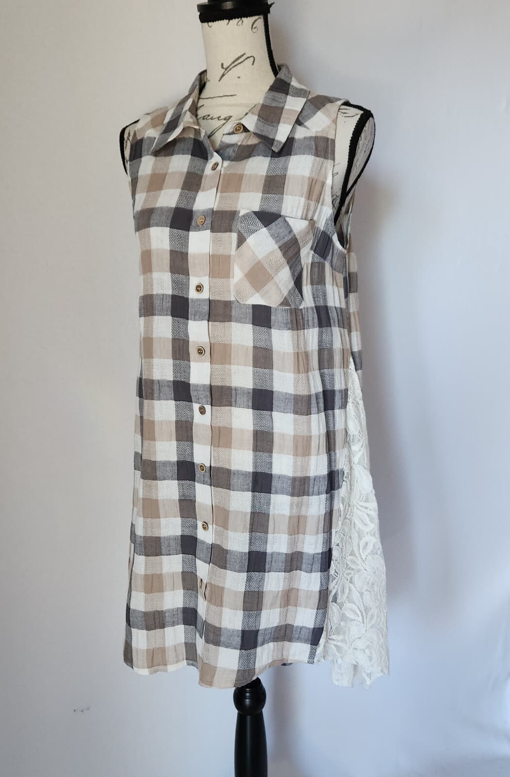 a'reve Lace Plaid Cotton Mini Shirt Dress Sleeveless Button Multicolor Women's S