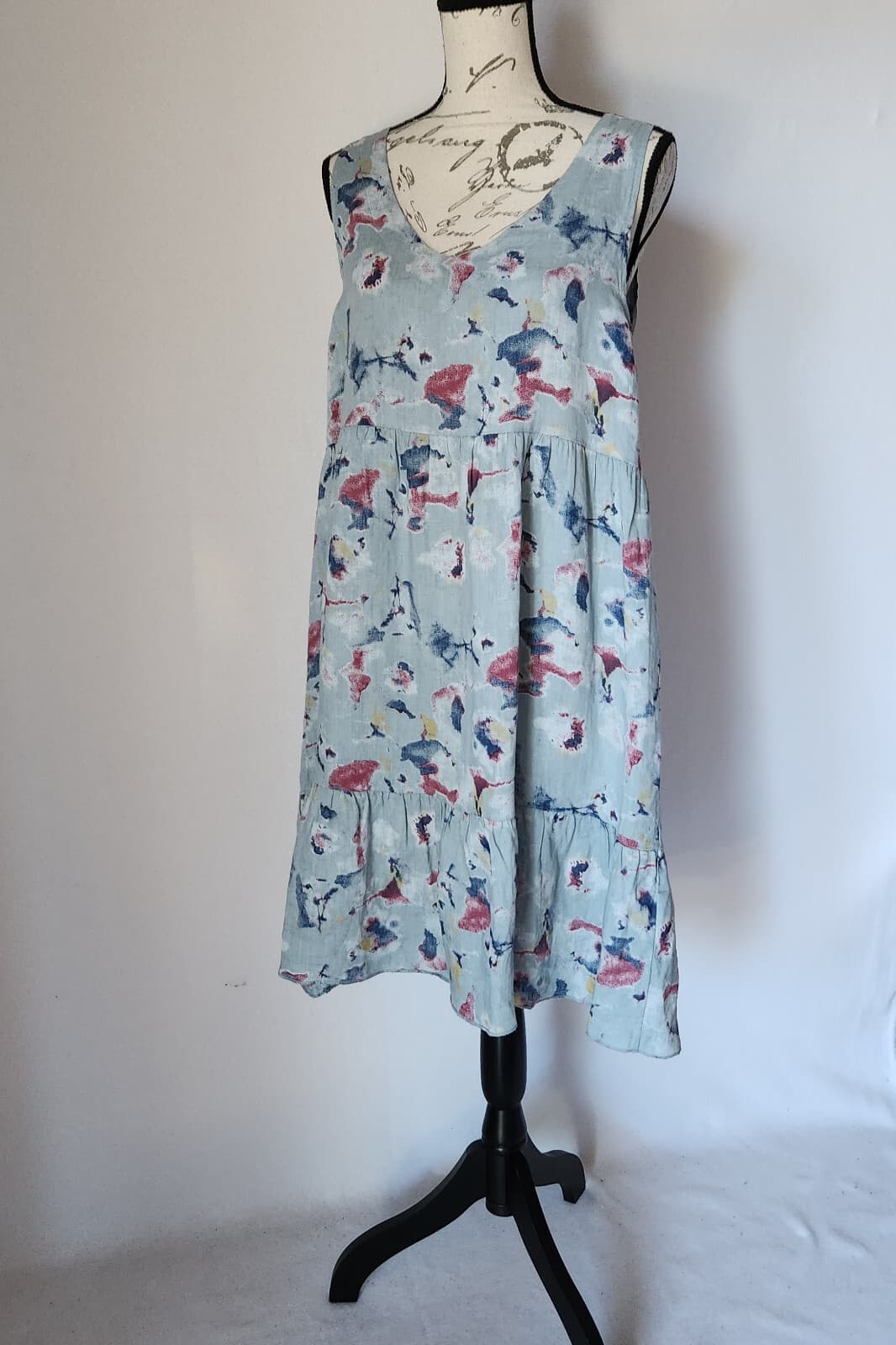 Bellambia Italy Linen Tiered Shift Dress Sleeveless Tie-Back Abstract Blue Sz.M