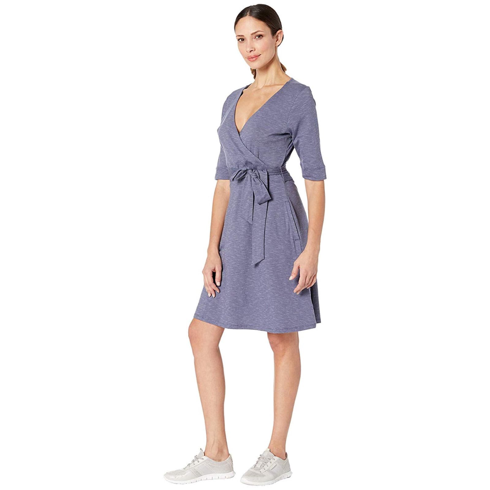 Toad&Co Cue Wrap Cafe Dress Short Sleeve Pocket Tencel Cotton Blue Shadow Sz.L
